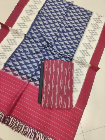 Maroon - 3PC HANDLOOM POCHAMPALLY DOUBLE  IKAT DUPATTA COTTON DRESS MATERIAL 05