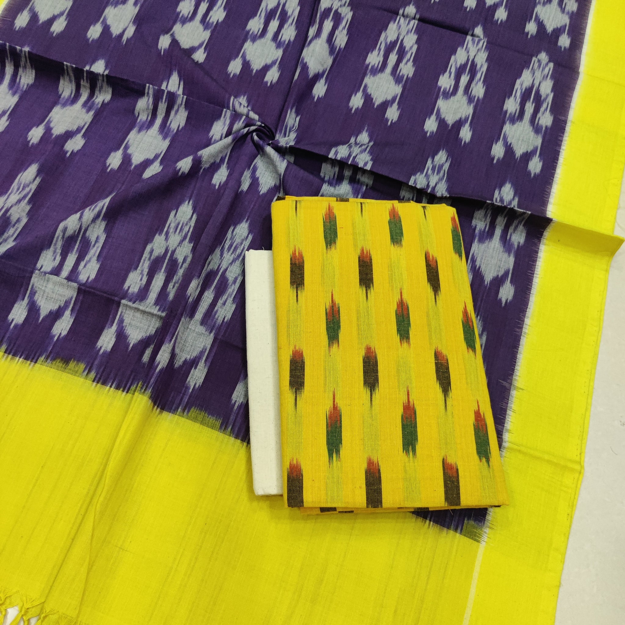 Lemon - 3PC HANDLOOM POCHAMPALLY DOUBLE  IKAT DUPATTA COTTON DRESS MATERIAL 07