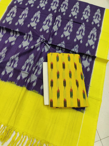 Lemon - 3PC HANDLOOM POCHAMPALLY DOUBLE  IKAT DUPATTA COTTON DRESS MATERIAL 07