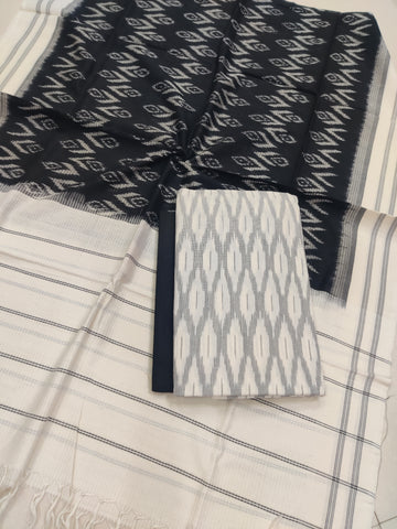 White-black- 3PC HANDLOOM POCHAMPALLY DOUBLE  IKAT DUPATTA COTTON DRESS MATERIAL 08