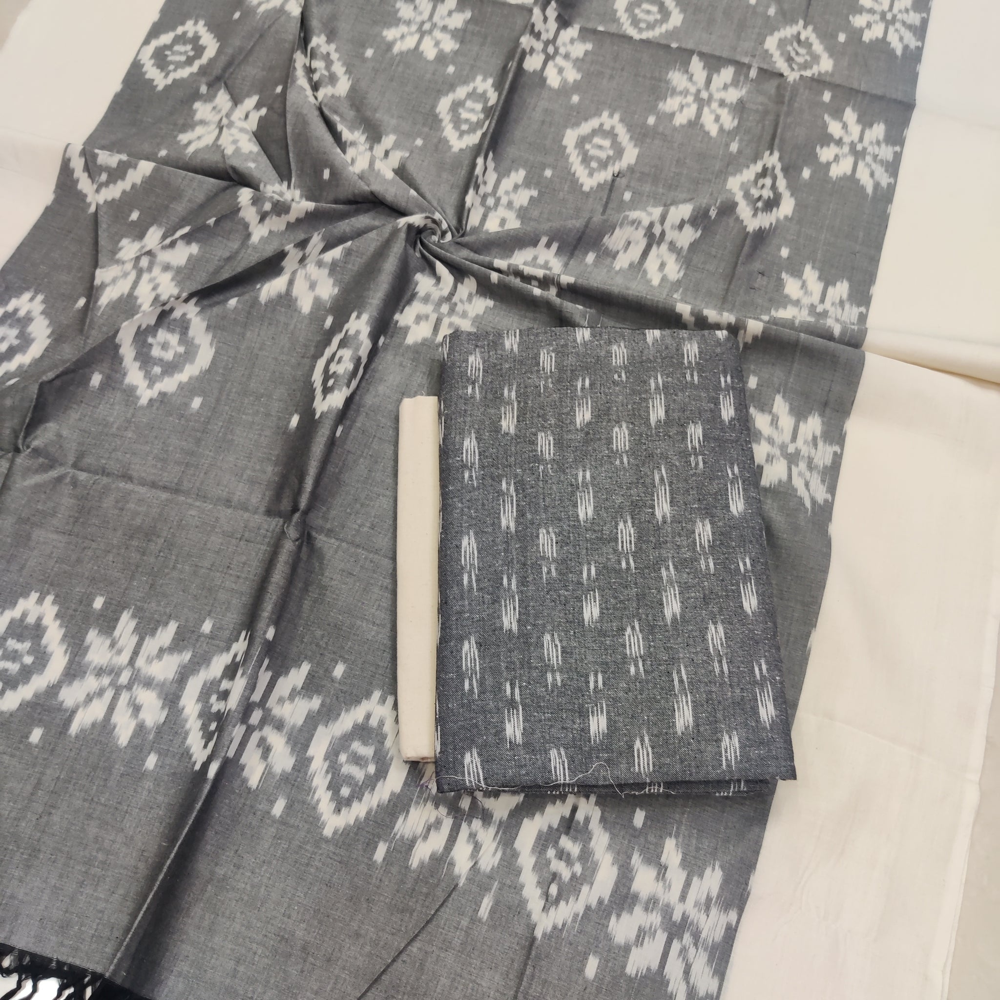 Gray - 3PC HANDLOOM POCHAMPALLY DOUBLE  IKAT DUPATTA COTTON DRESS MATERIAL 09