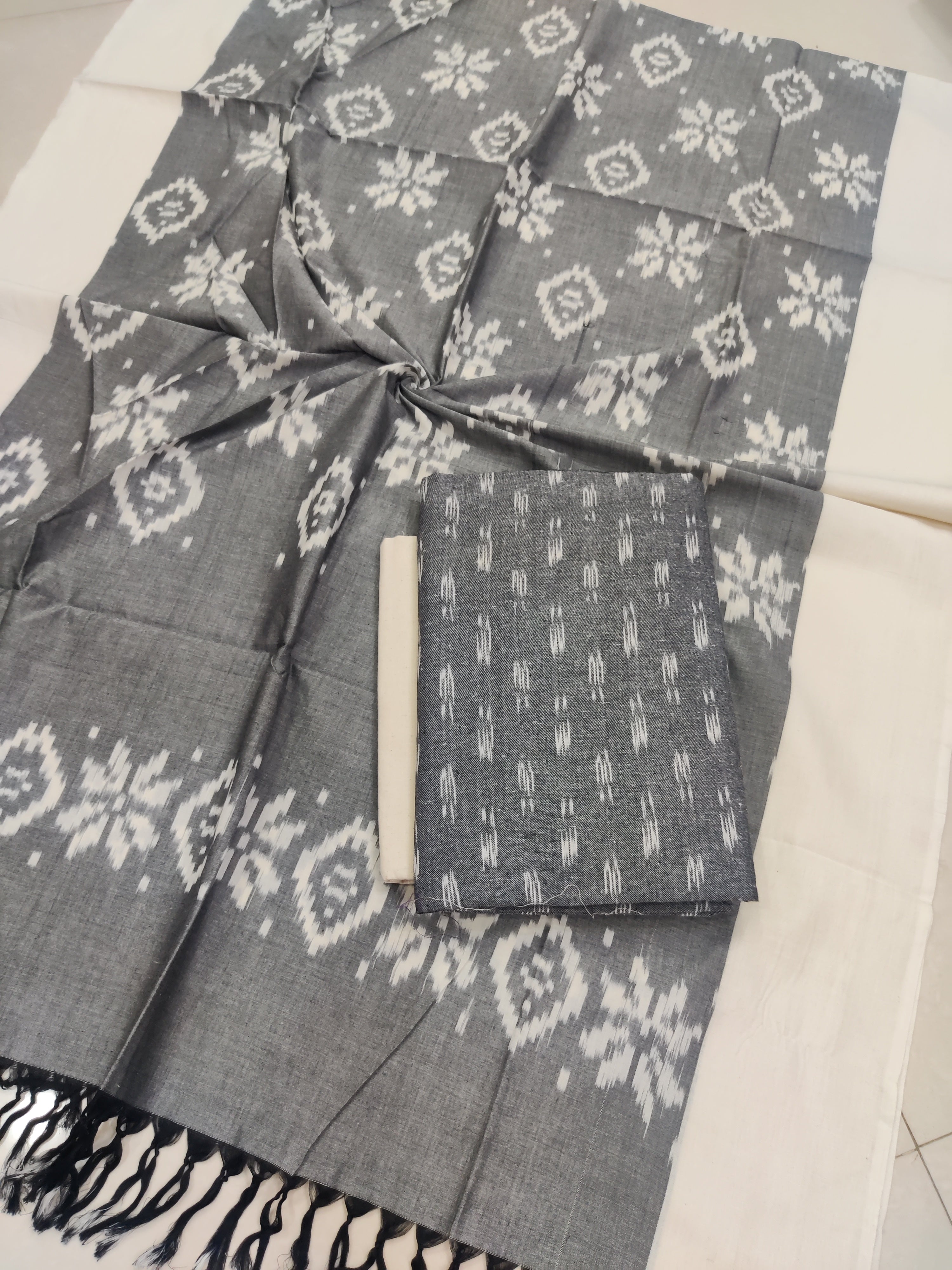 Gray - 3PC HANDLOOM POCHAMPALLY DOUBLE  IKAT DUPATTA COTTON DRESS MATERIAL 09