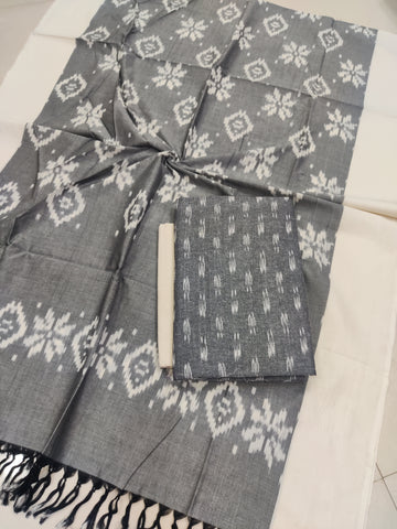Gray - 3PC HANDLOOM POCHAMPALLY DOUBLE  IKAT DUPATTA COTTON DRESS MATERIAL 09
