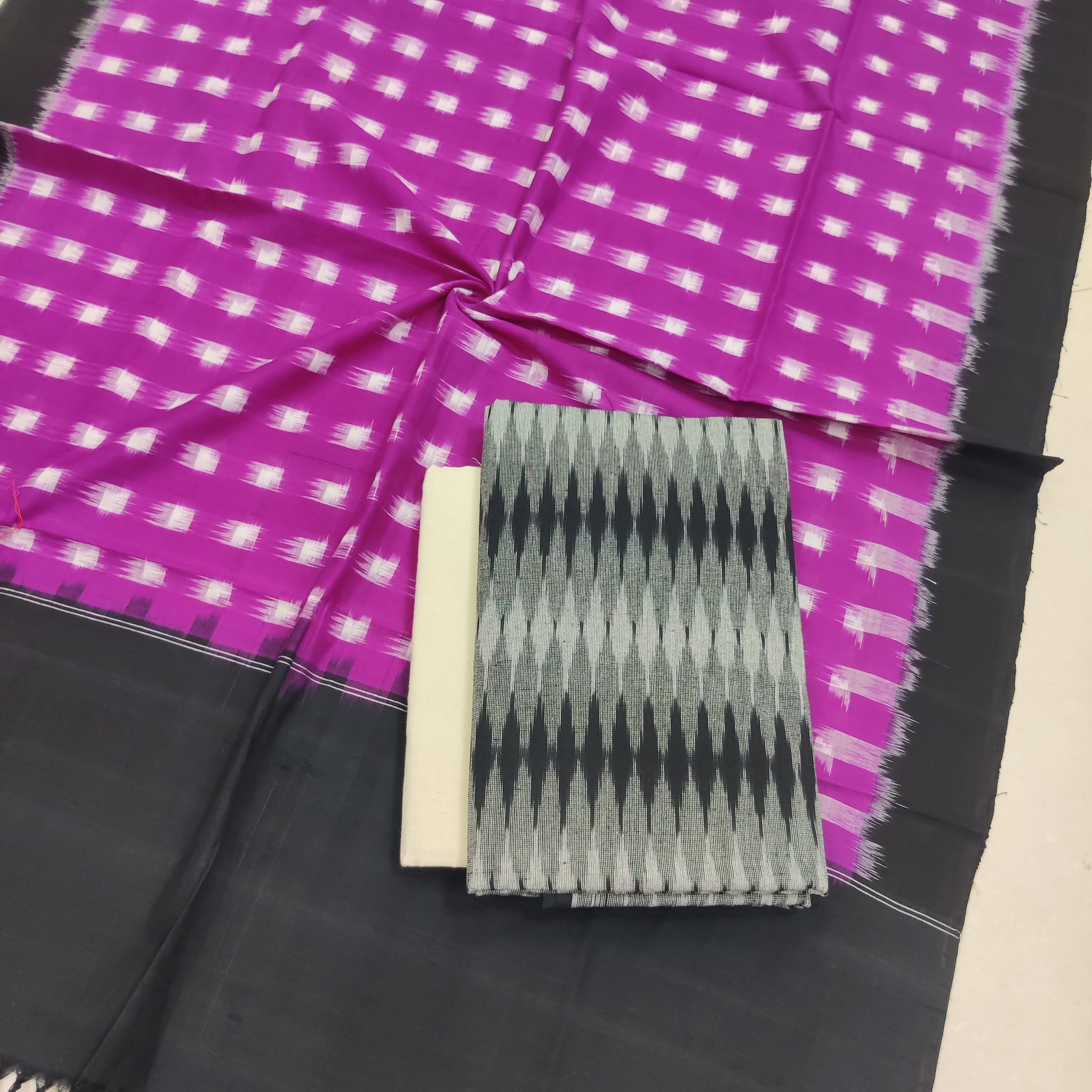 Purple - 3PC HANDLOOM POCHAMPALLY DOUBLE  IKAT DUPATTA COTTON DRESS MATERIAL 10