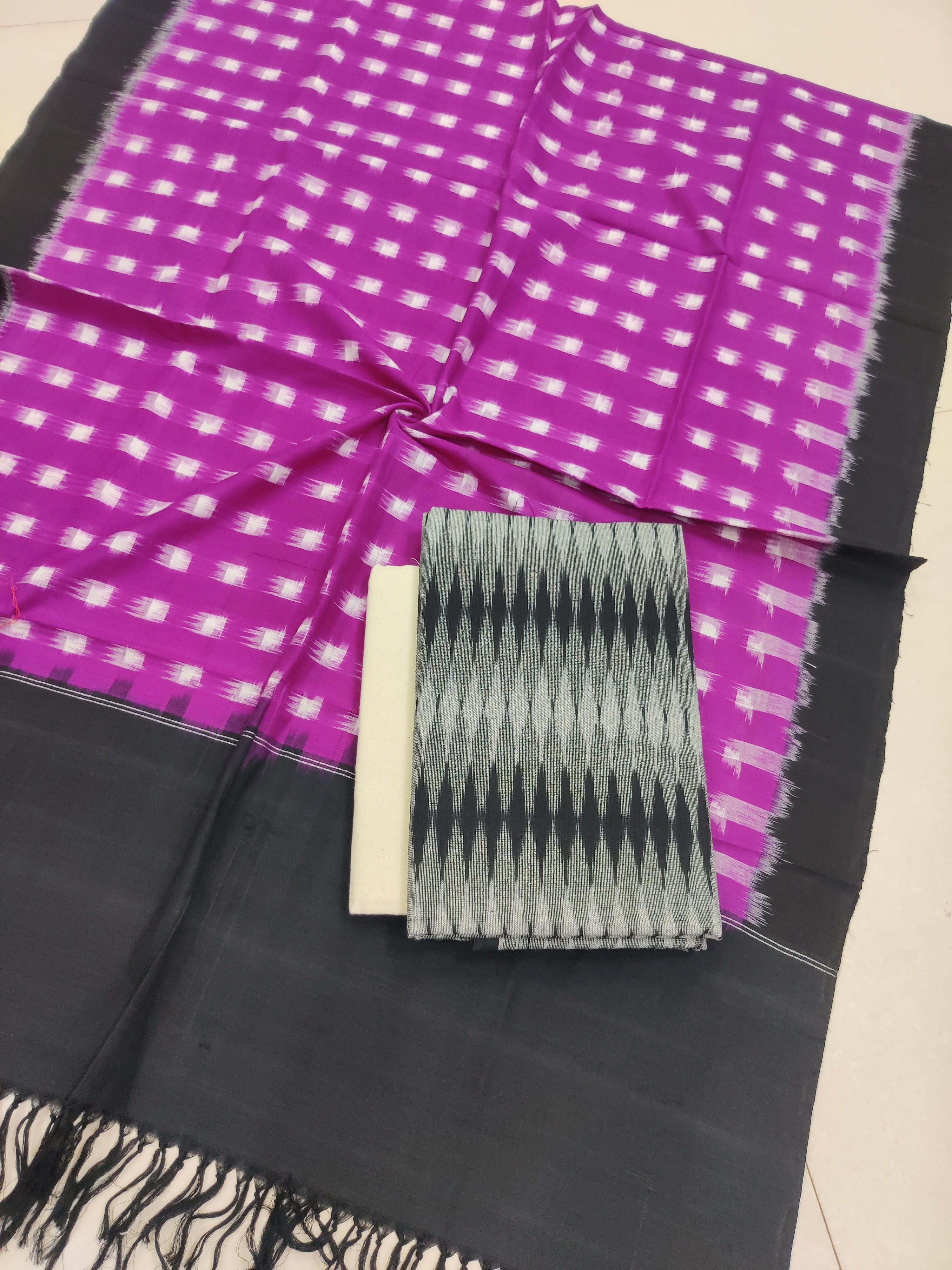 Purple - 3PC HANDLOOM POCHAMPALLY DOUBLE  IKAT DUPATTA COTTON DRESS MATERIAL 10