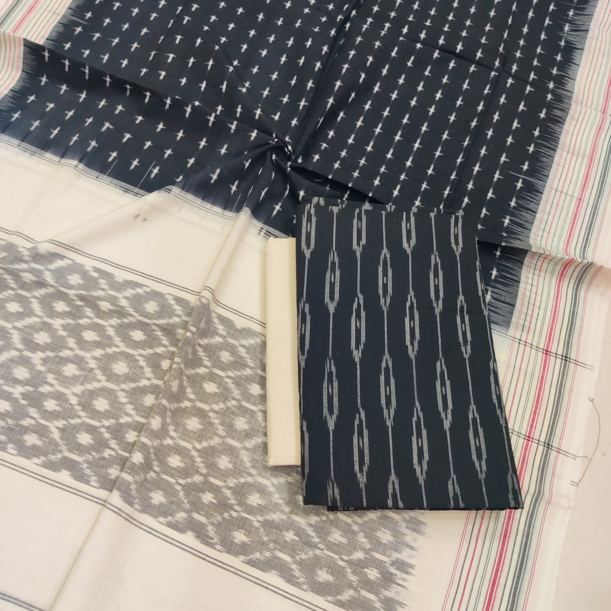 Black-White - 3PC HANDLOOM POCHAMPALLY DOUBLE  IKAT DUPATTA COTTON DRESS MATERIAL 11