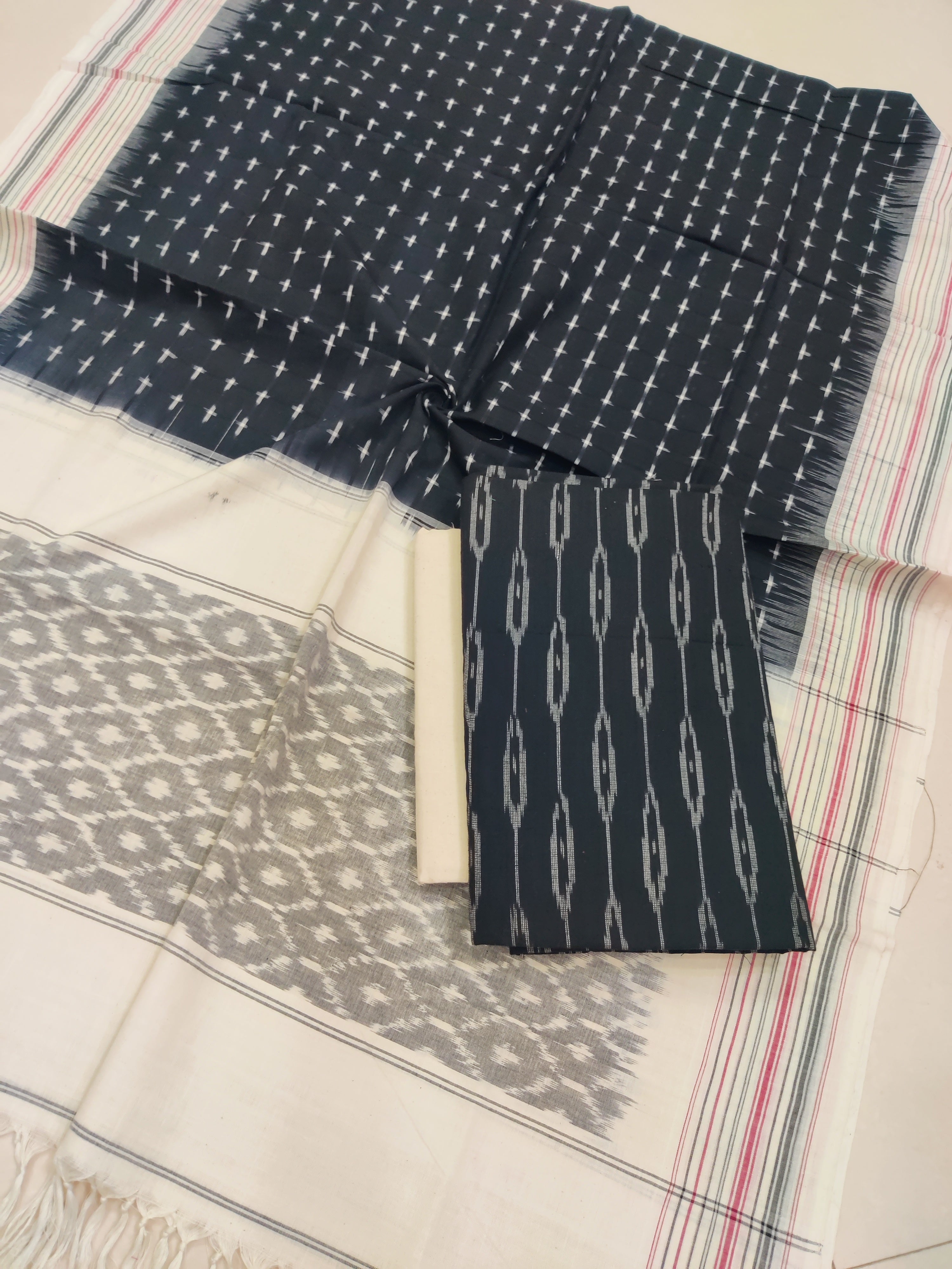 Black-White - 3PC HANDLOOM POCHAMPALLY DOUBLE  IKAT DUPATTA COTTON DRESS MATERIAL 11