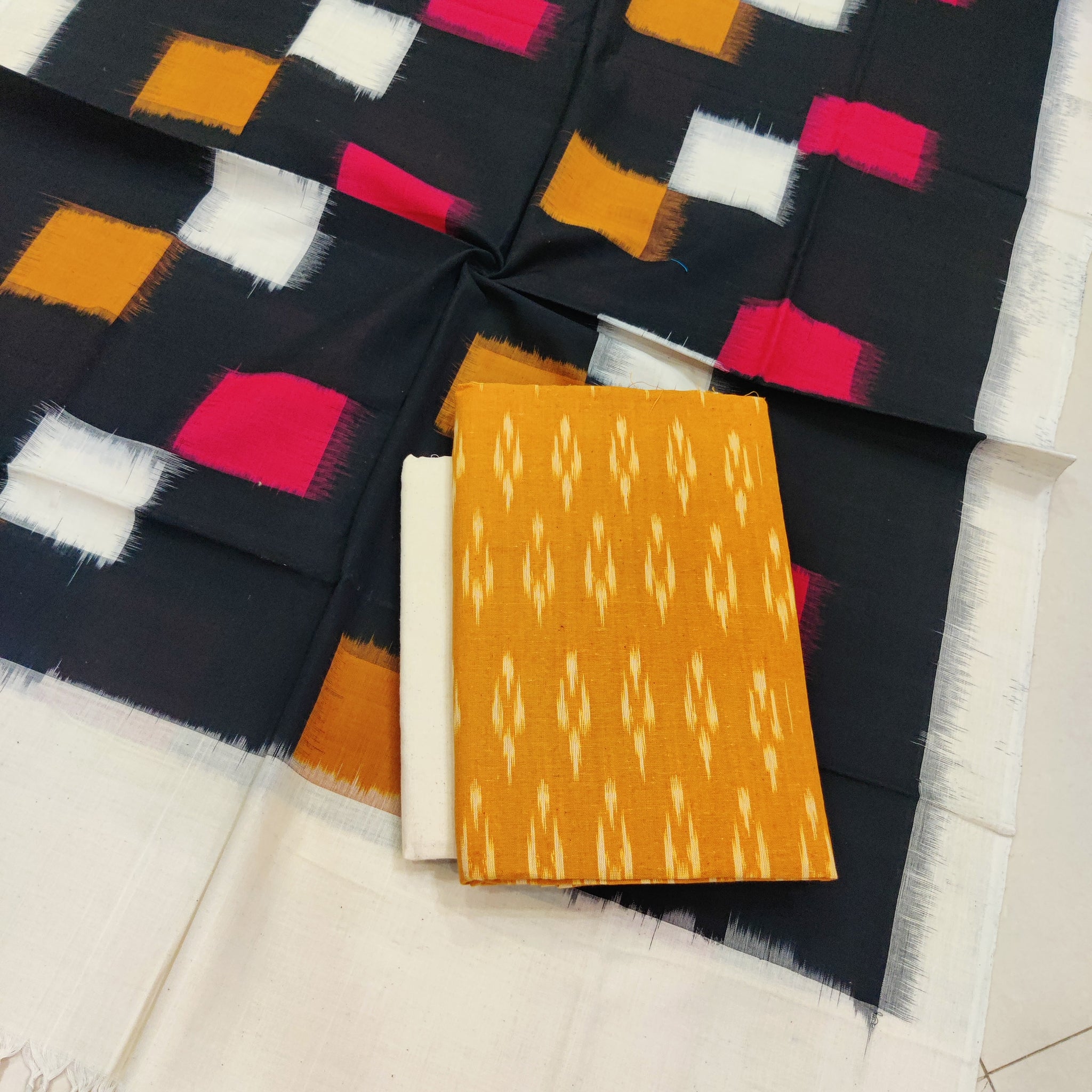 Black - 3PC HANDLOOM POCHAMPALLY DOUBLE  IKAT DUPATTA COTTON DRESS MATERIAL 12