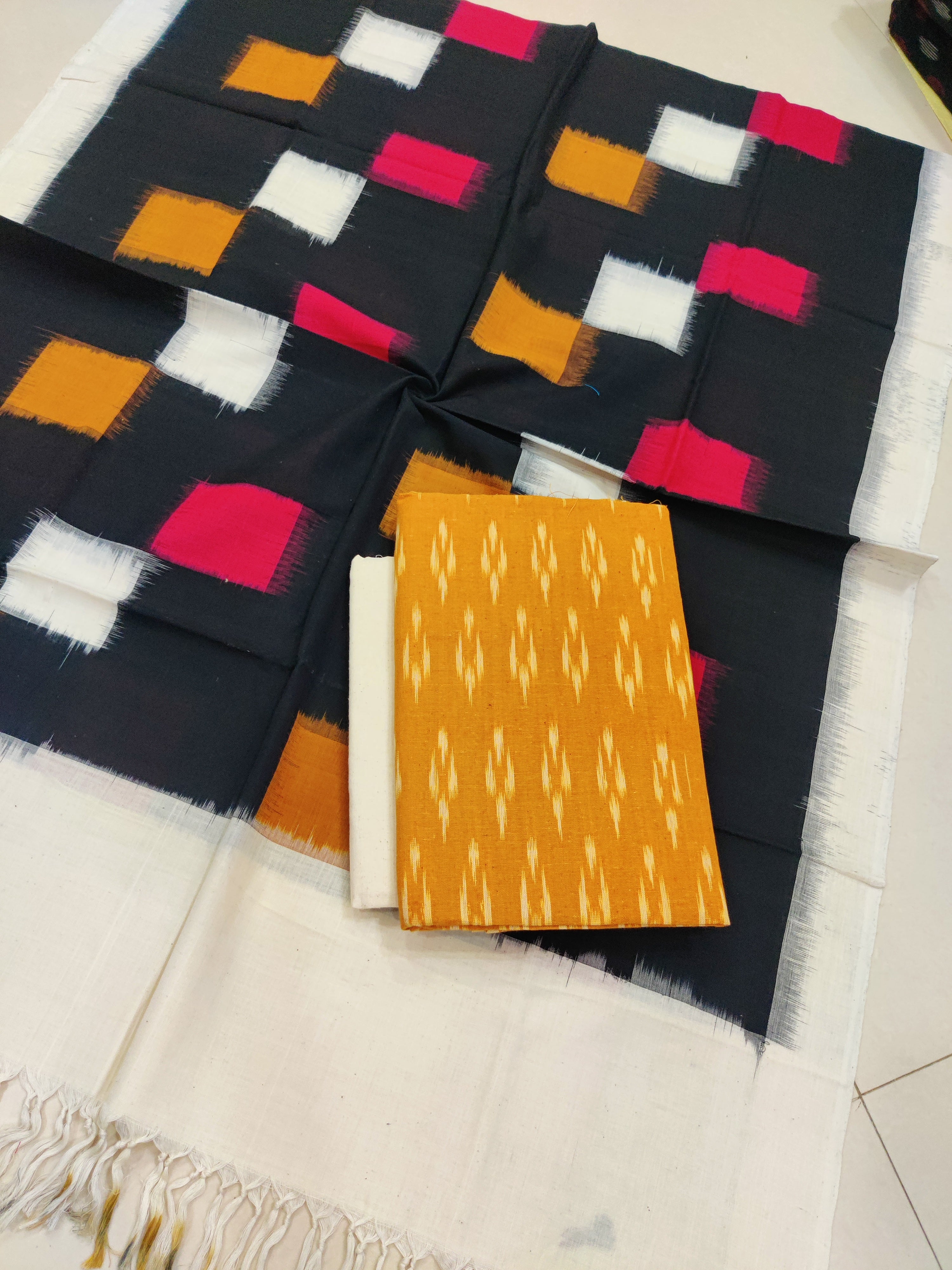 Black - 3PC HANDLOOM POCHAMPALLY DOUBLE  IKAT DUPATTA COTTON DRESS MATERIAL 12