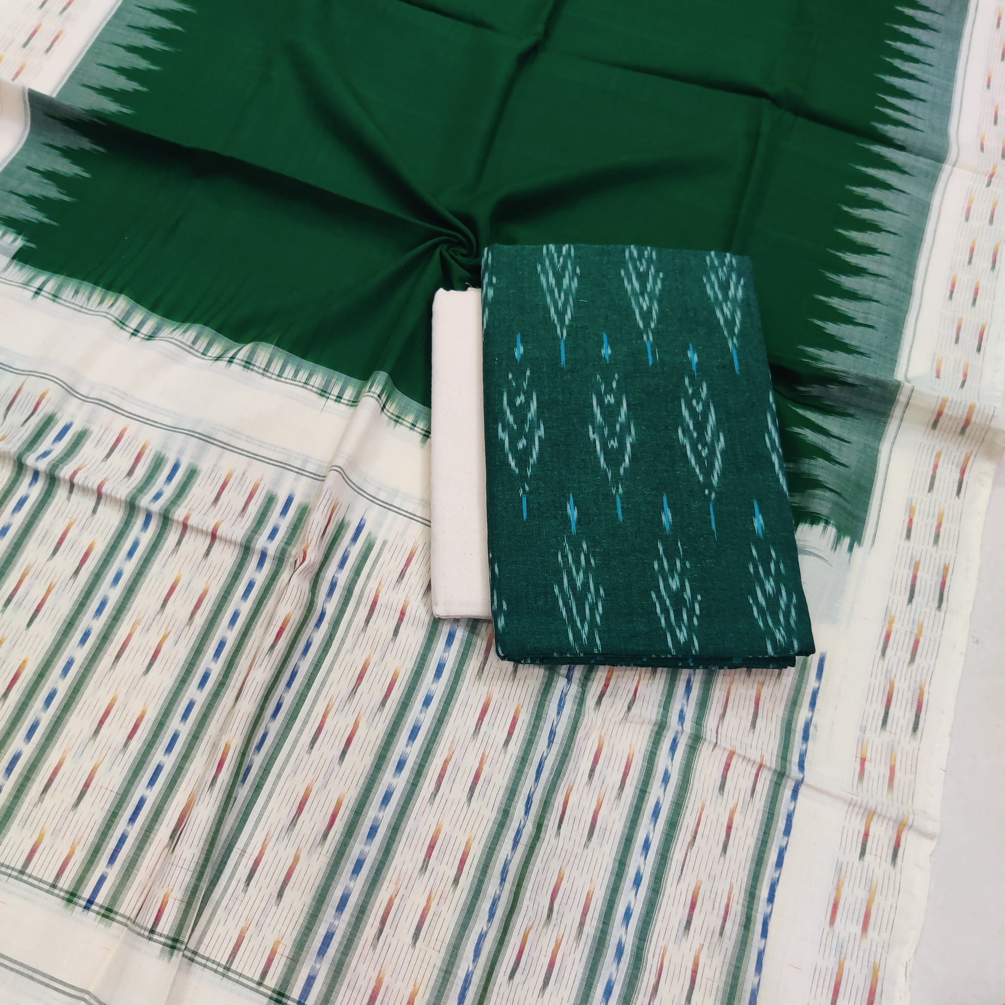 Green - 3PC HANDLOOM POCHAMPALLY DOUBLE  IKAT DUPATTA COTTON DRESS MATERIAL 13