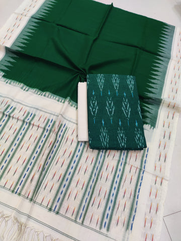 Green - 3PC HANDLOOM POCHAMPALLY DOUBLE  IKAT DUPATTA COTTON DRESS MATERIAL 13