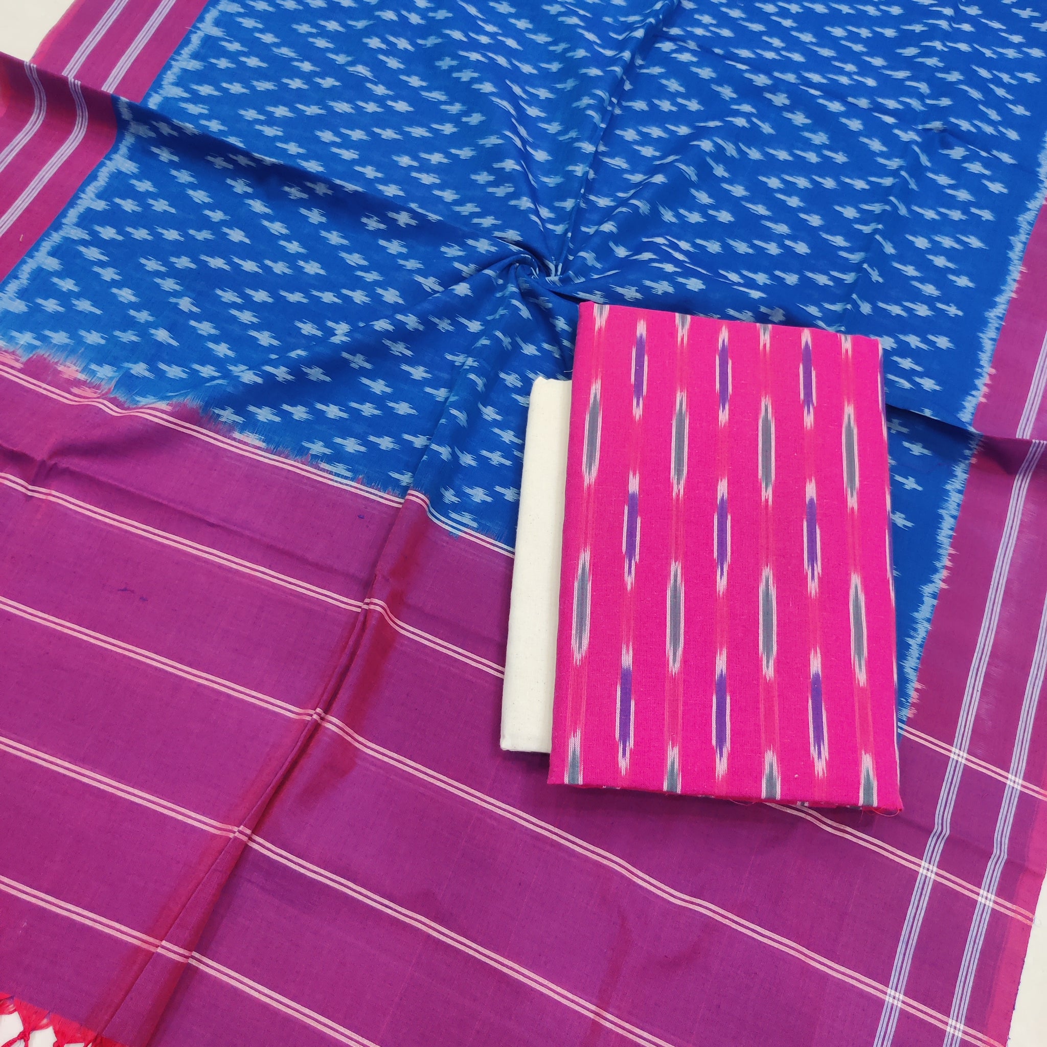 Purple - 3PC HANDLOOM POCHAMPALLY DOUBLE  IKAT DUPATTA COTTON DRESS MATERIAL 15