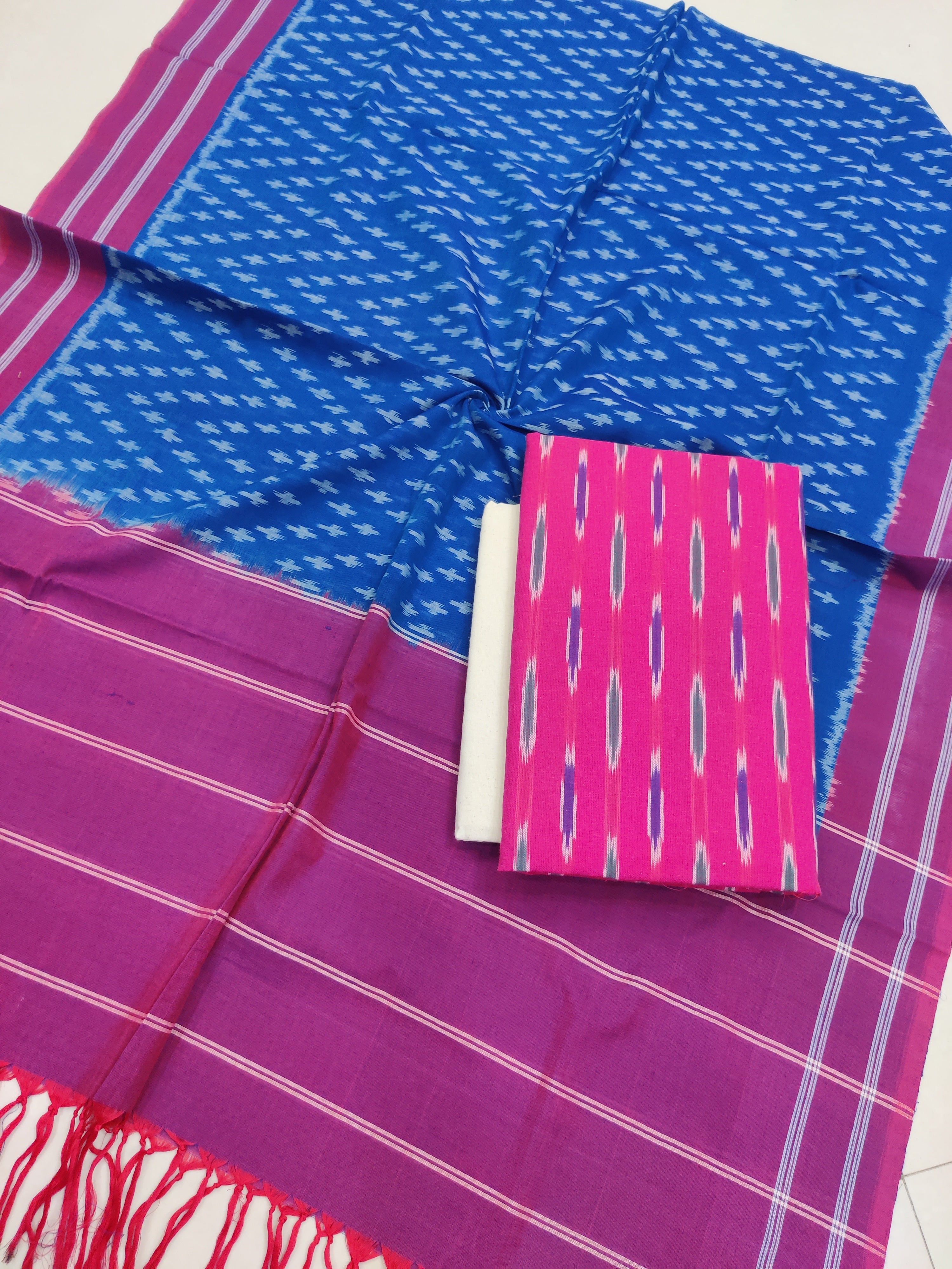 Purple - 3PC HANDLOOM POCHAMPALLY DOUBLE  IKAT DUPATTA COTTON DRESS MATERIAL 15