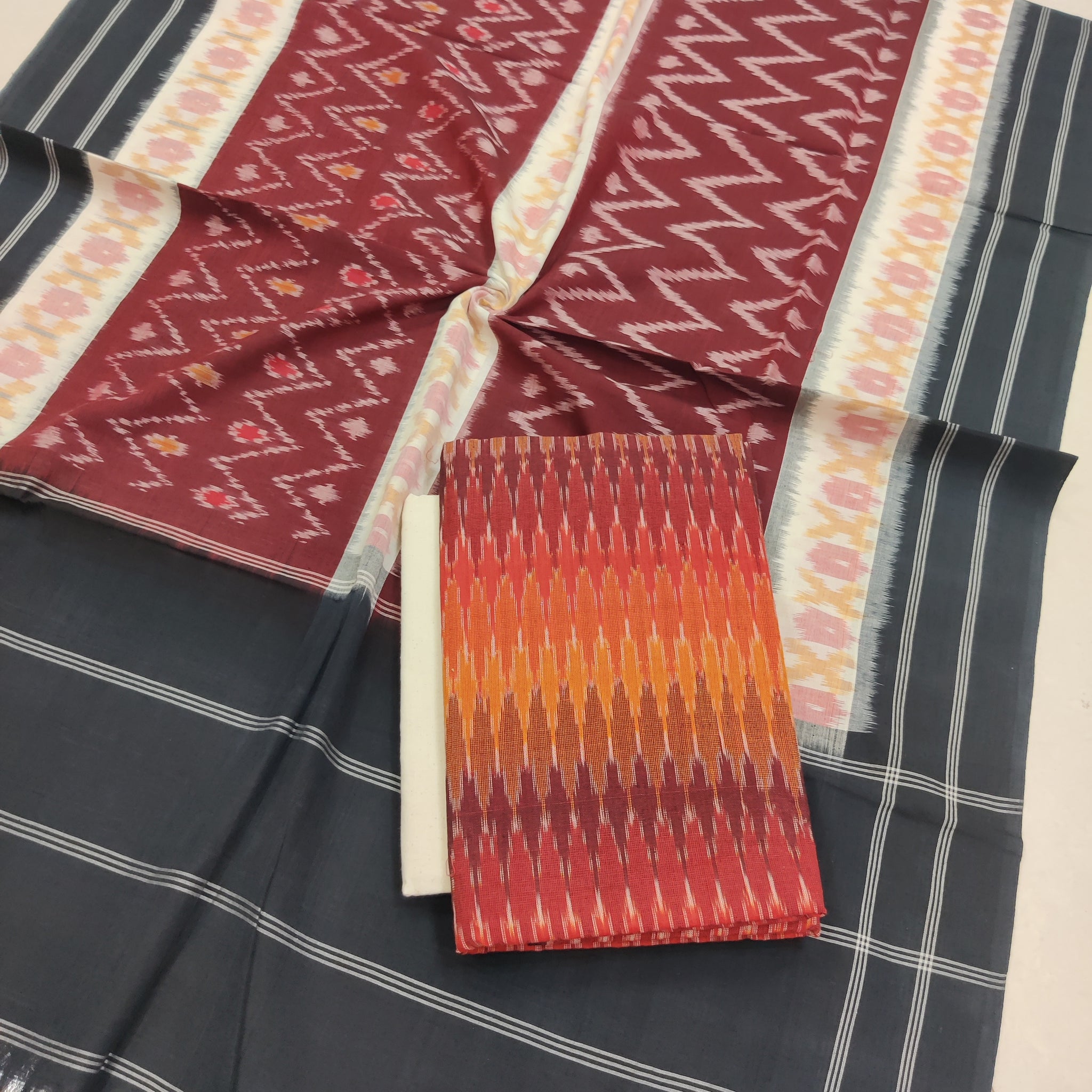Maroon - 3PC HANDLOOM POCHAMPALLY DOUBLE  IKAT DUPATTA COTTON DRESS MATERIAL 04