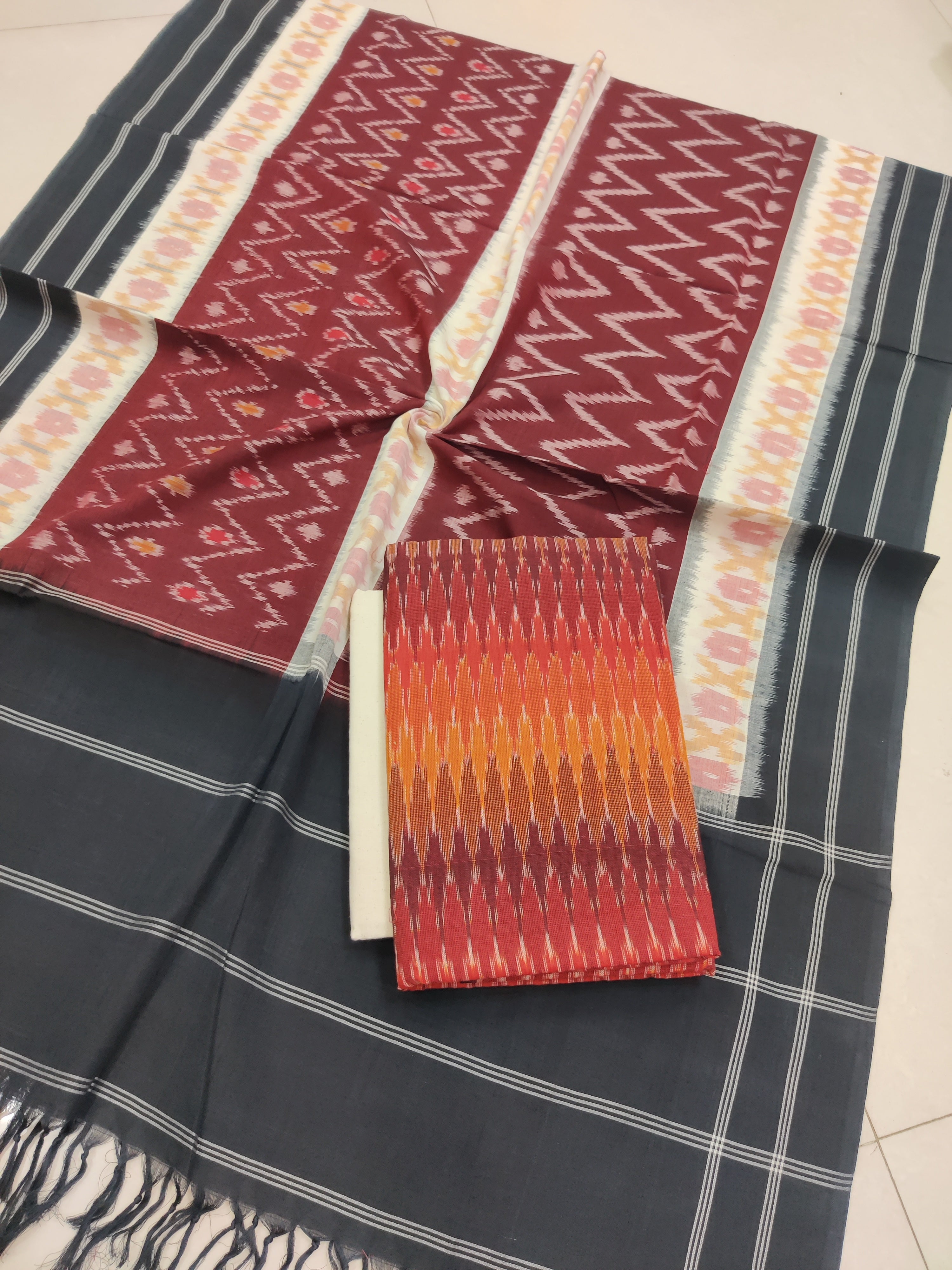Maroon - 3PC HANDLOOM POCHAMPALLY DOUBLE  IKAT DUPATTA COTTON DRESS MATERIAL 04