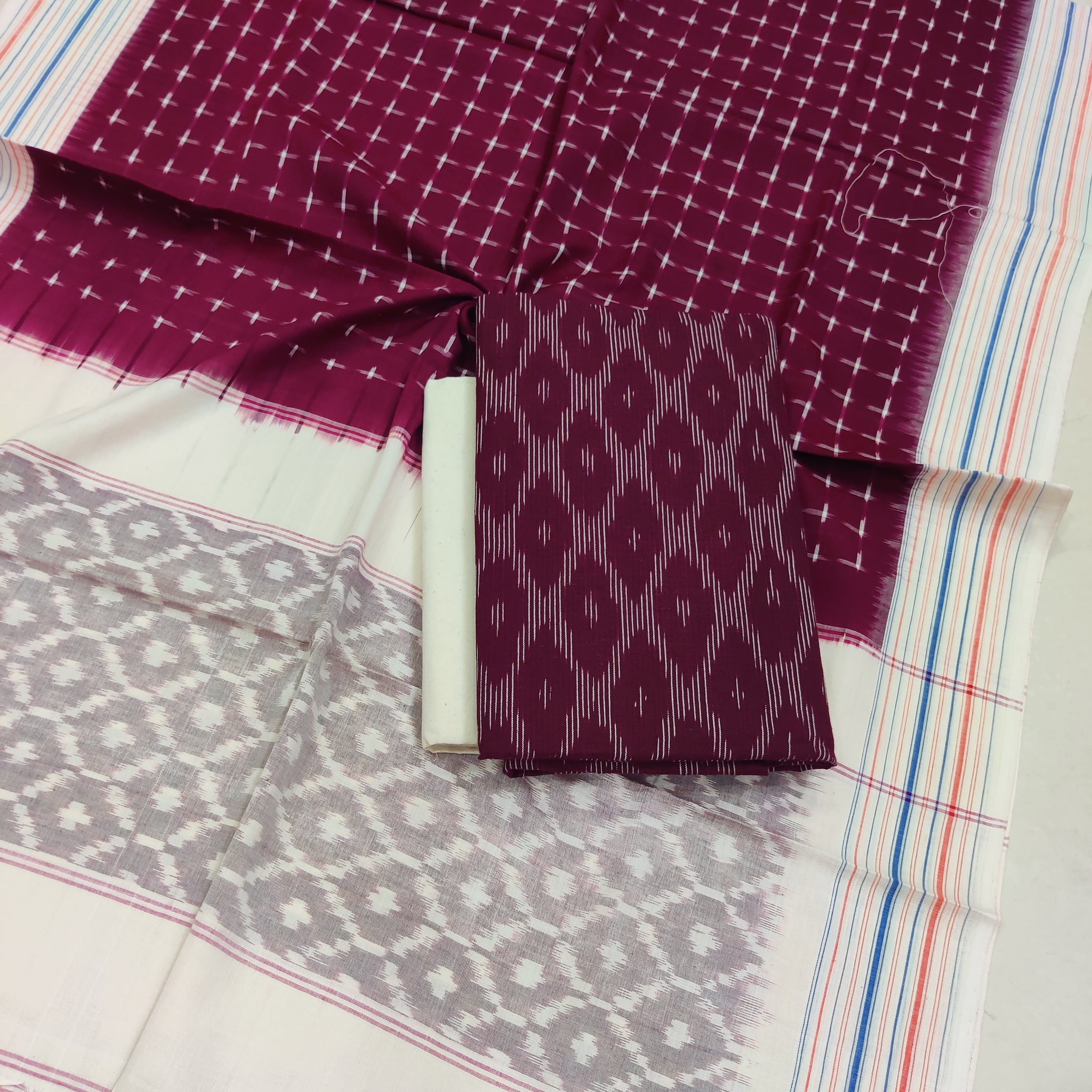Maroon - 3PC HANDLOOM POCHAMPALLY DOUBLE  IKAT DUPATTA COTTON DRESS MATERIAL 03