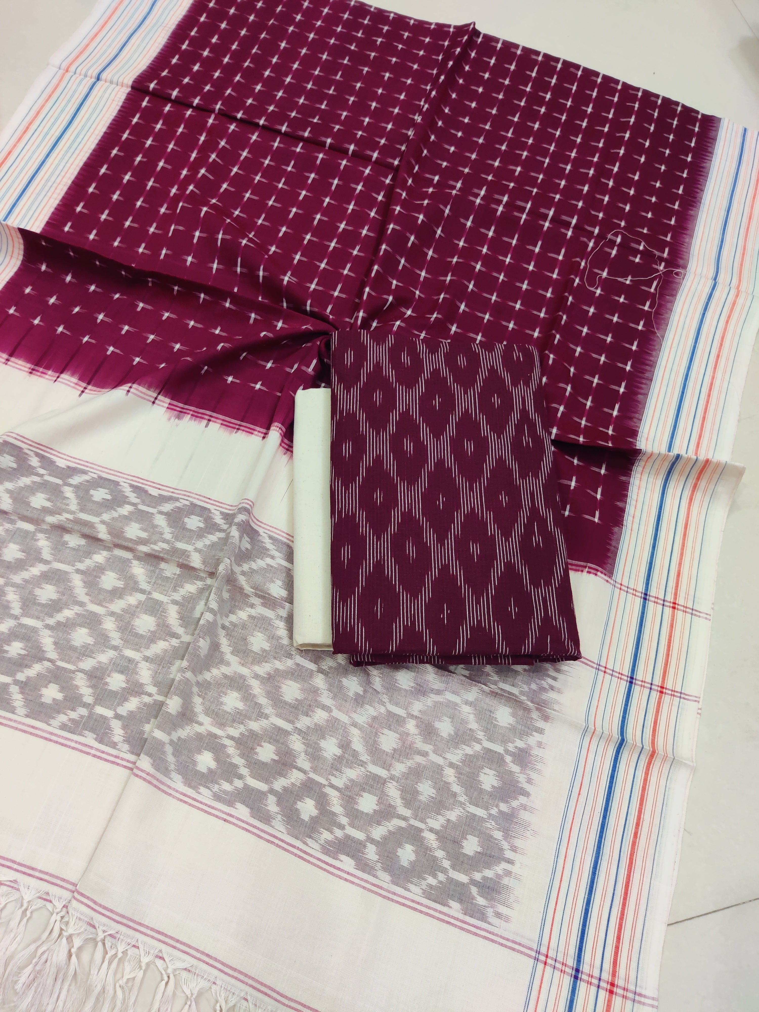 Maroon - 3PC HANDLOOM POCHAMPALLY DOUBLE  IKAT DUPATTA COTTON DRESS MATERIAL 03