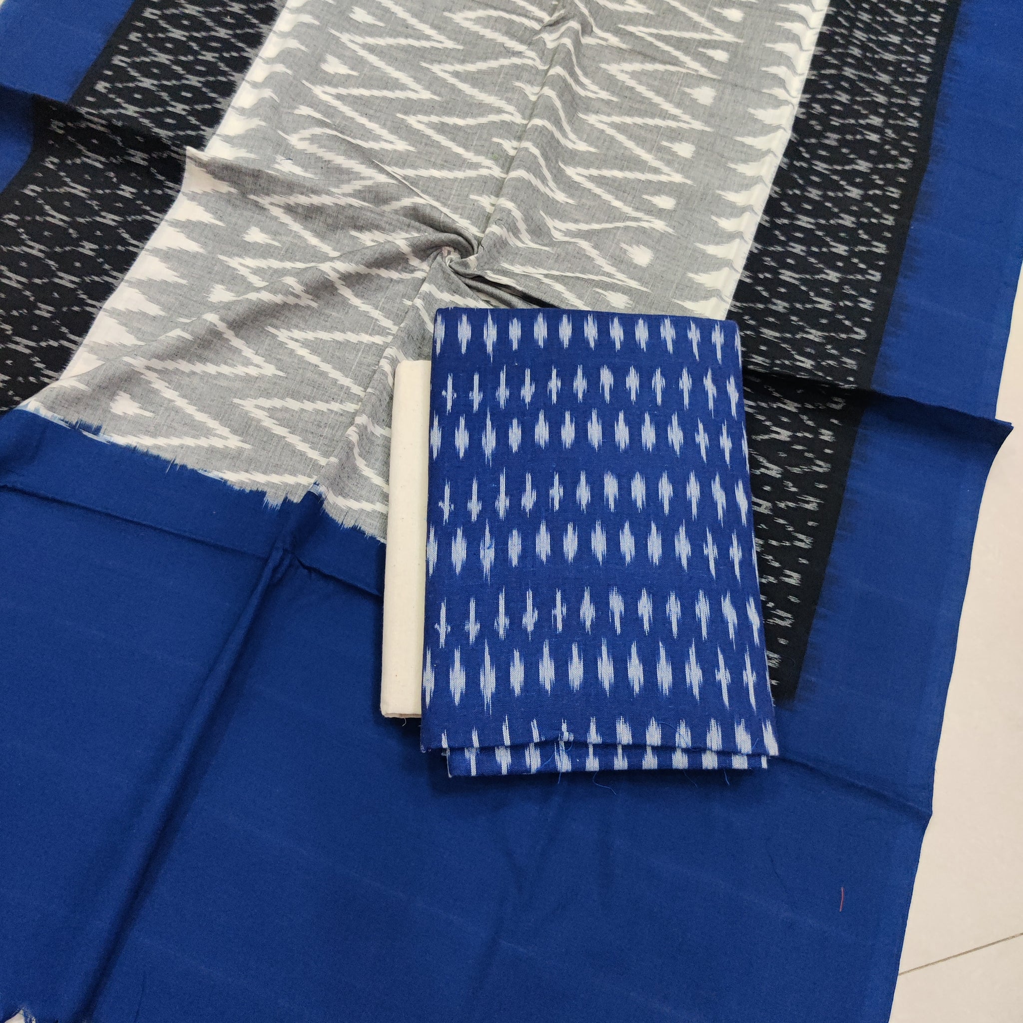 BLUE - 3PC HANDLOOM POCHAMPALLY DOUBLE  IKAT DUPATTA COTTON DRESS MATERIAL 06