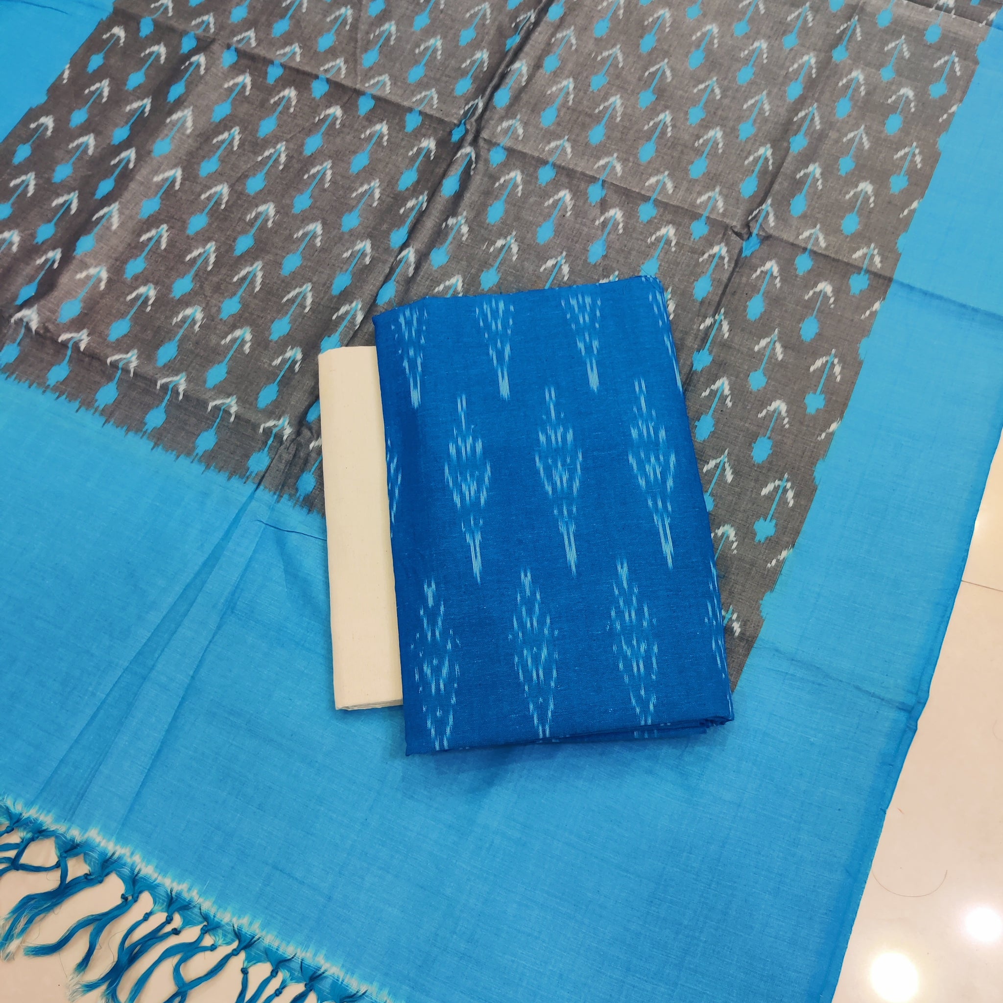 Blue - 3PC HANDLOOM POCHAMPALLY DOUBLE  IKAT DUPATTA COTTON DRESS MATERIAL 21