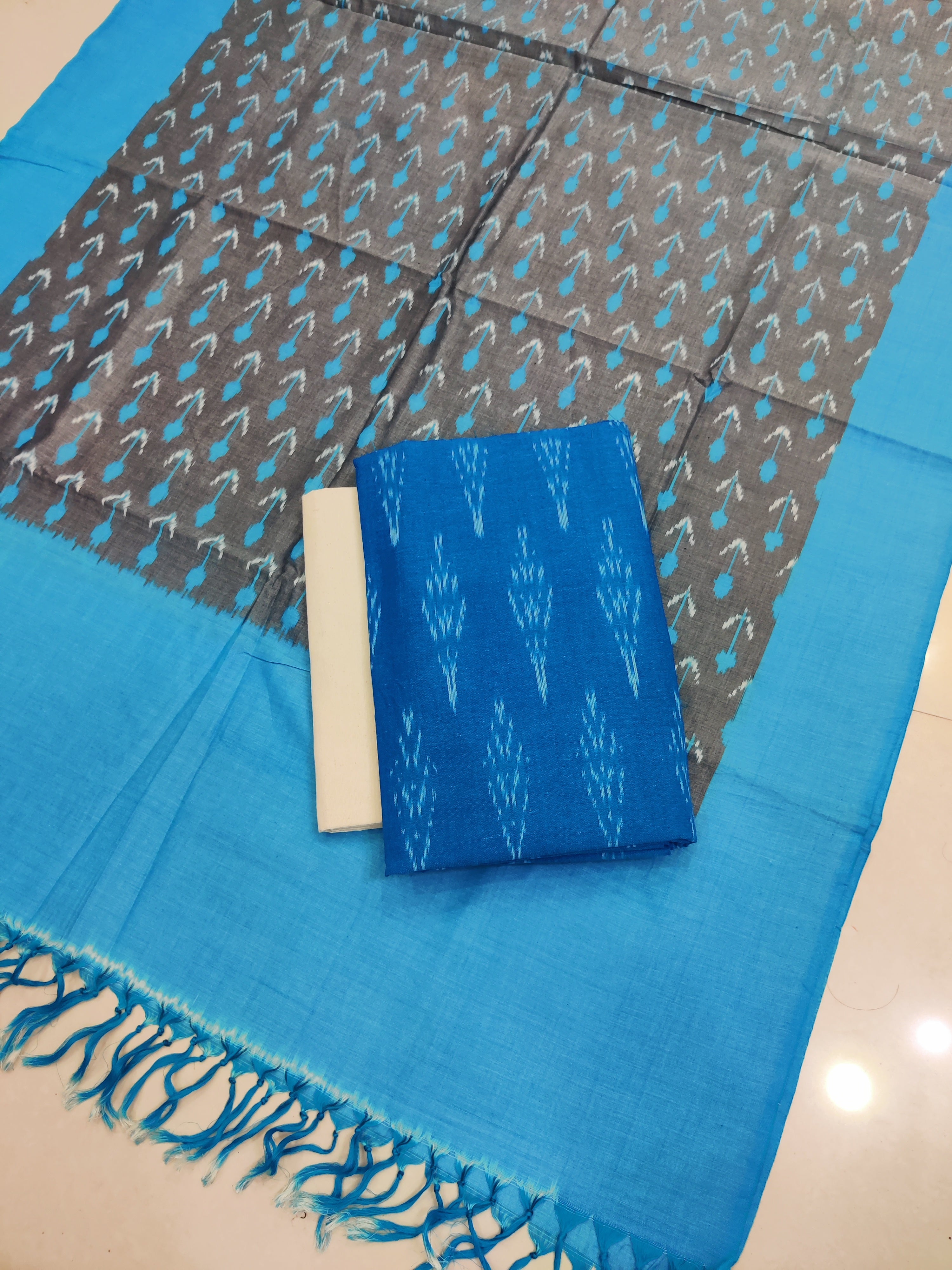 Blue - 3PC HANDLOOM POCHAMPALLY DOUBLE  IKAT DUPATTA COTTON DRESS MATERIAL 21