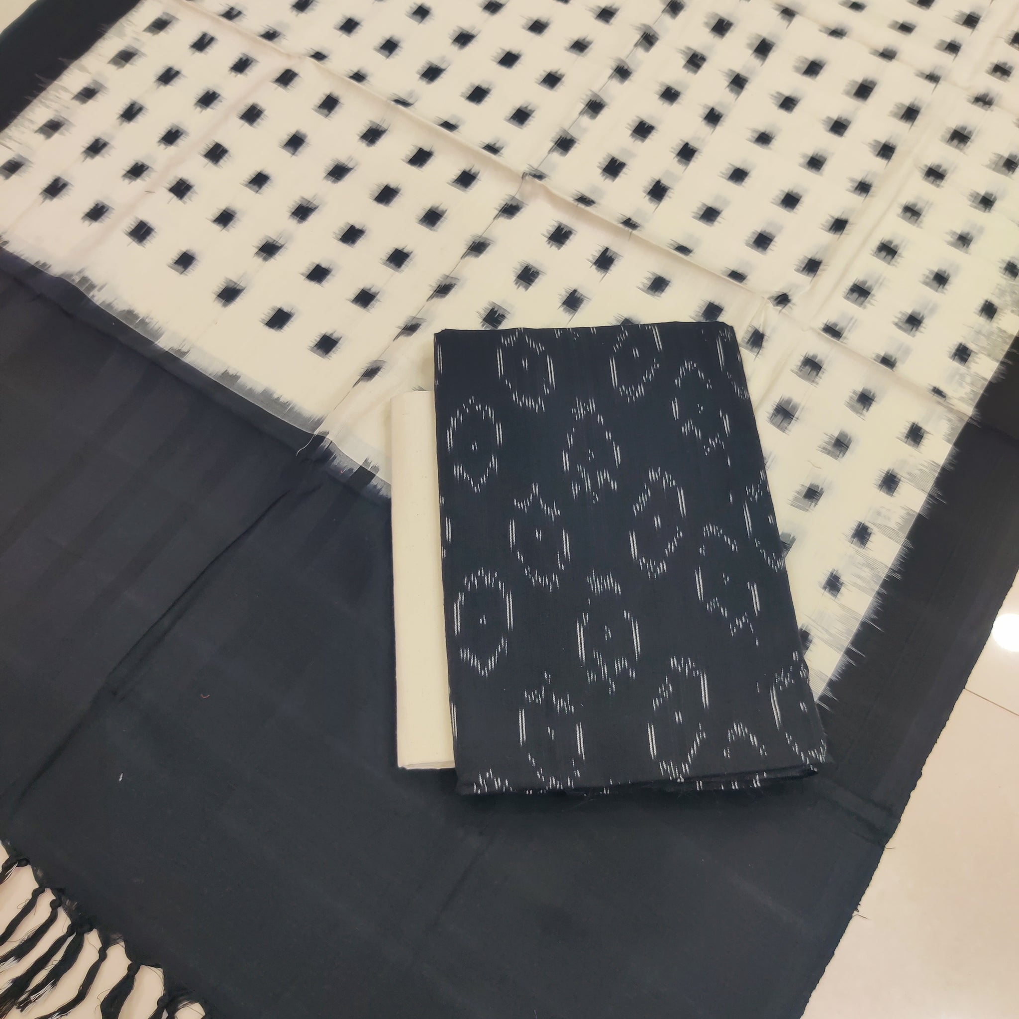Black - 3PC HANDLOOM POCHAMPALLY DOUBLE  IKAT DUPATTA COTTON DRESS MATERIAL 31