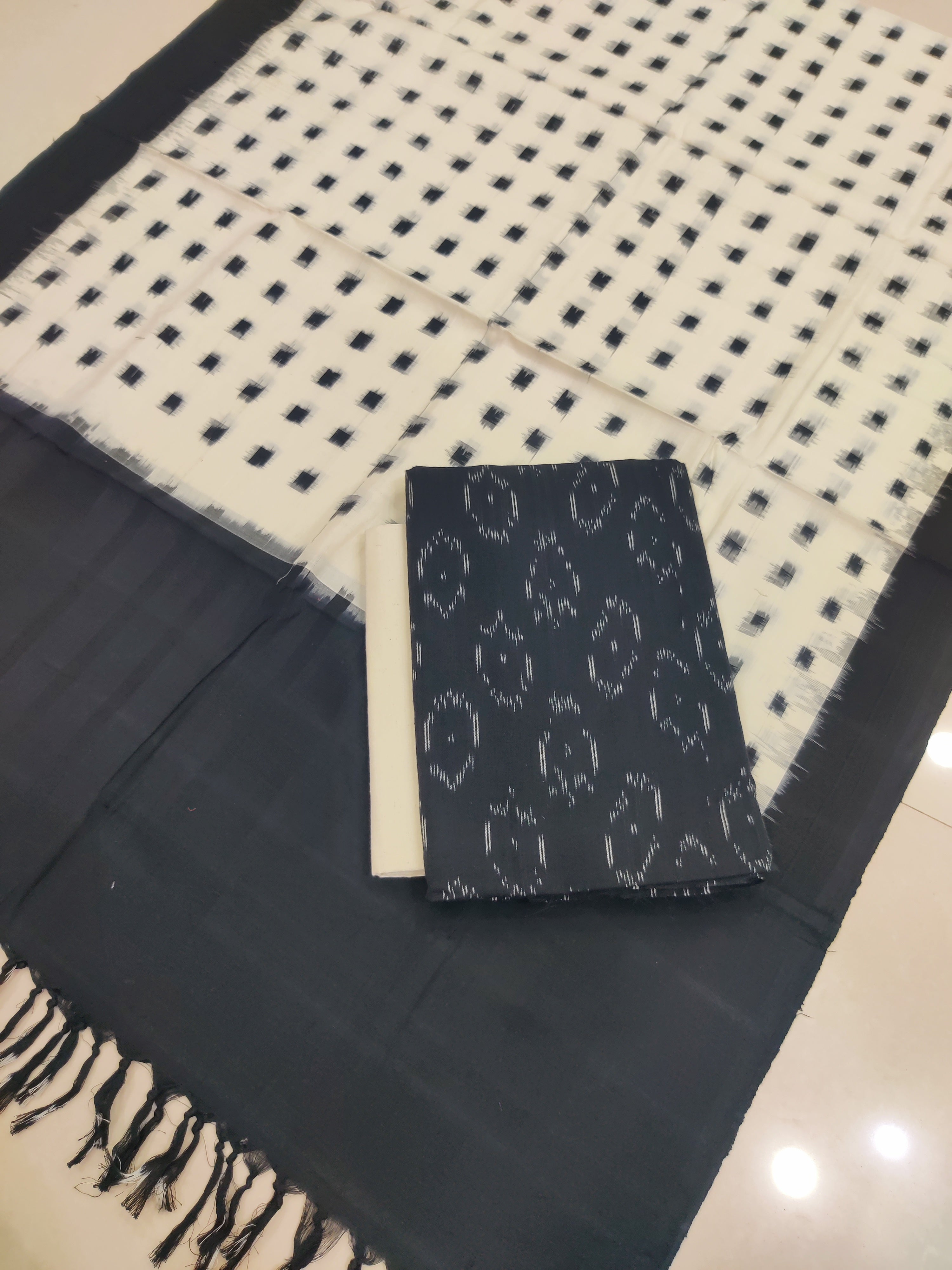 Black - 3PC HANDLOOM POCHAMPALLY DOUBLE  IKAT DUPATTA COTTON DRESS MATERIAL 31