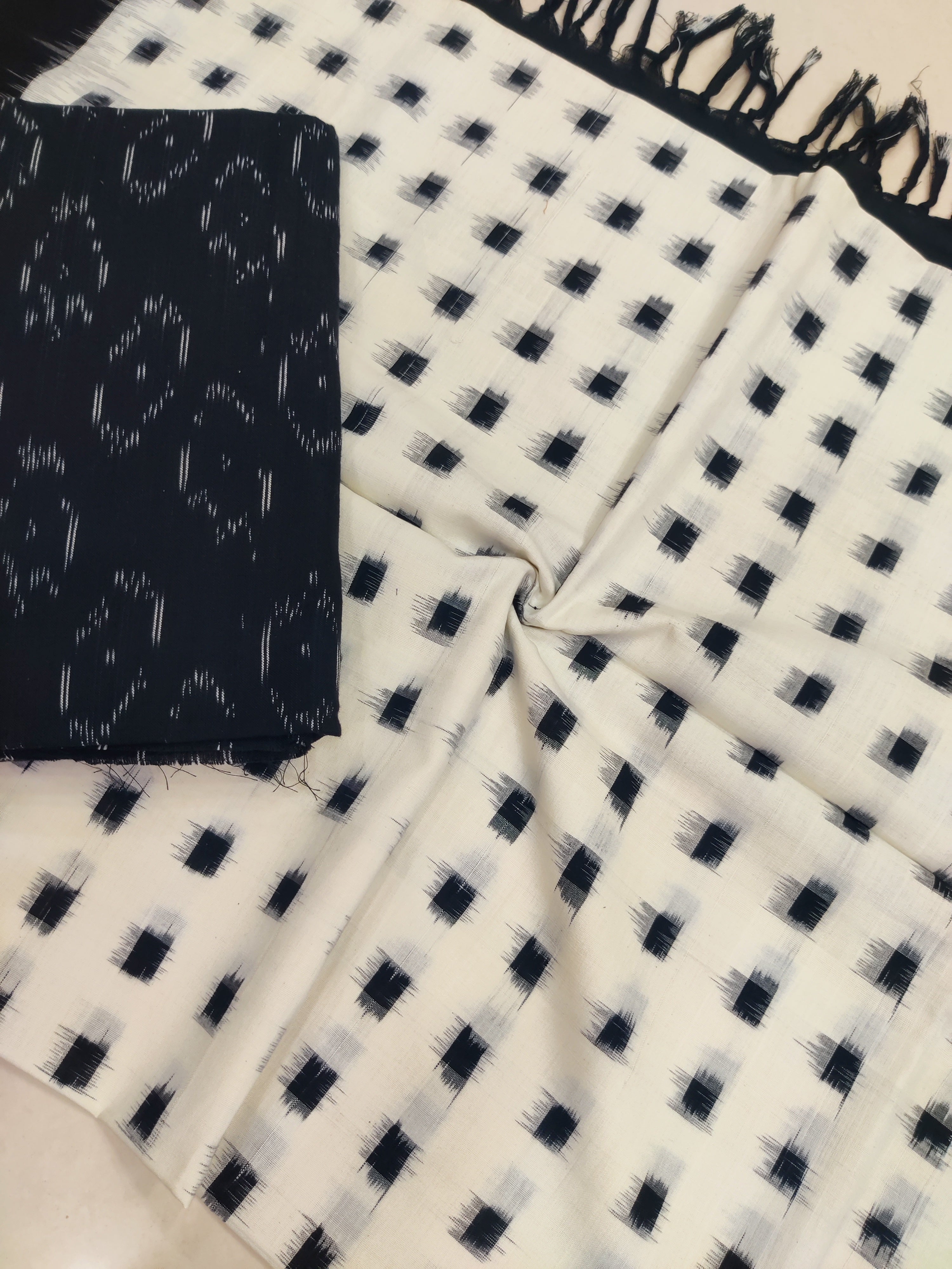 Black - 3PC HANDLOOM POCHAMPALLY DOUBLE  IKAT DUPATTA COTTON DRESS MATERIAL 31