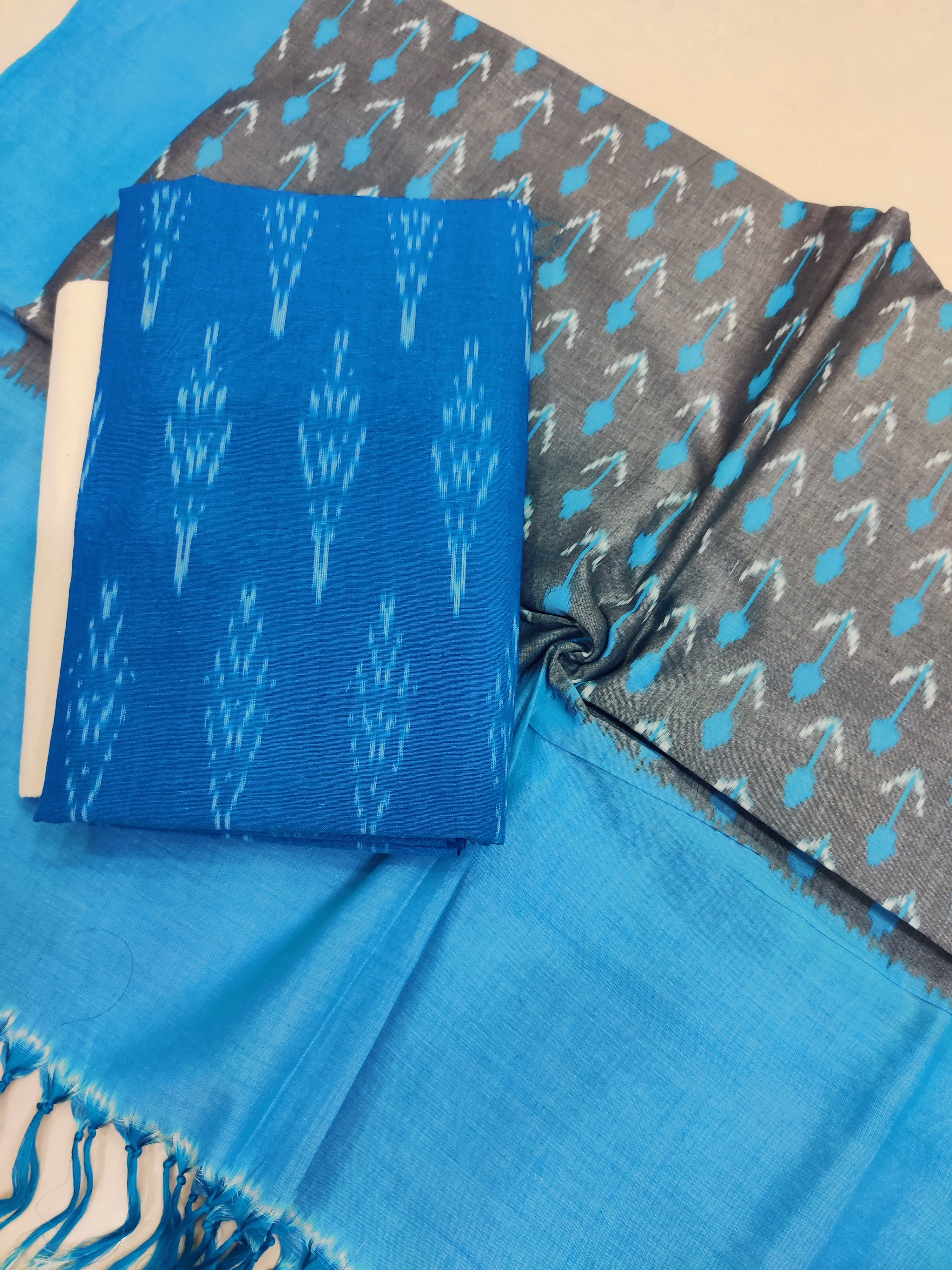 Blue - 3PC HANDLOOM POCHAMPALLY DOUBLE  IKAT DUPATTA COTTON DRESS MATERIAL 21