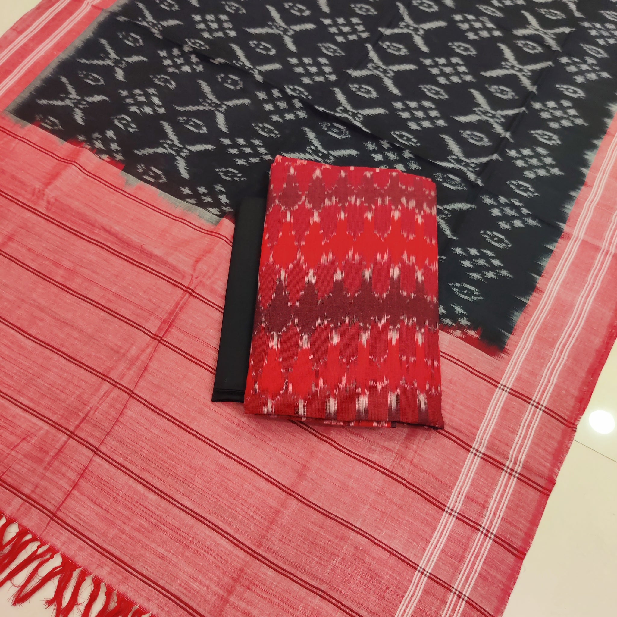 Black - 3PC HANDLOOM POCHAMPALLY DOUBLE  IKAT DUPATTA COTTON DRESS MATERIAL 28