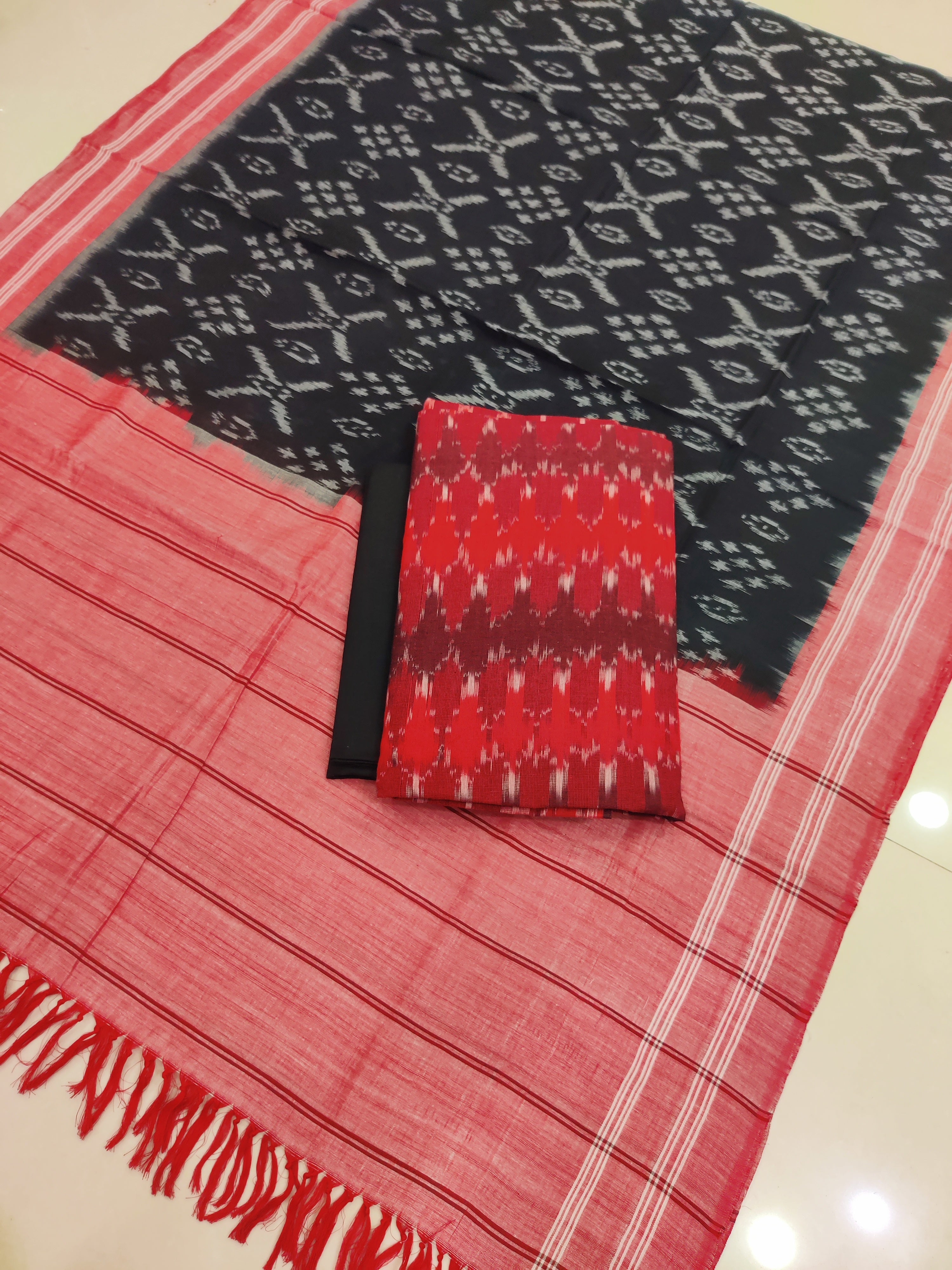 Black - 3PC HANDLOOM POCHAMPALLY DOUBLE  IKAT DUPATTA COTTON DRESS MATERIAL 28