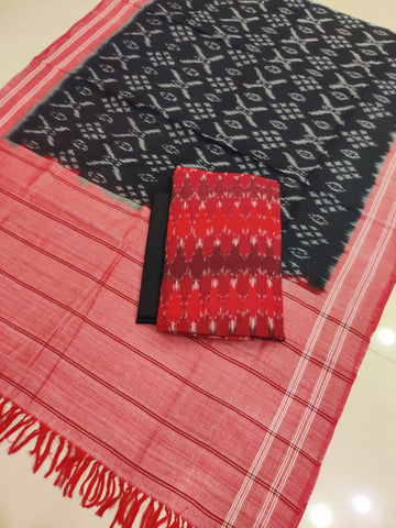 Black - 3PC HANDLOOM POCHAMPALLY DOUBLE  IKAT DUPATTA COTTON DRESS MATERIAL 28