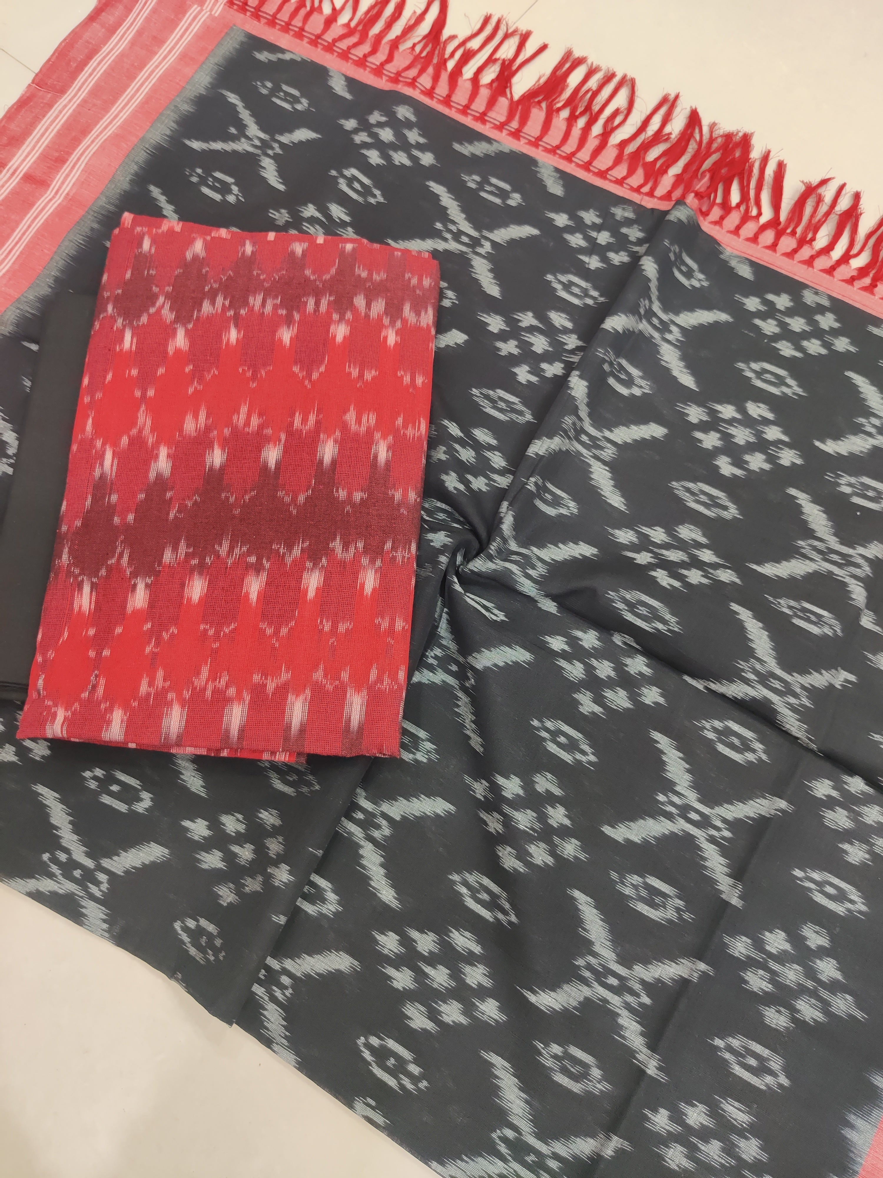 Black - 3PC HANDLOOM POCHAMPALLY DOUBLE  IKAT DUPATTA COTTON DRESS MATERIAL 28