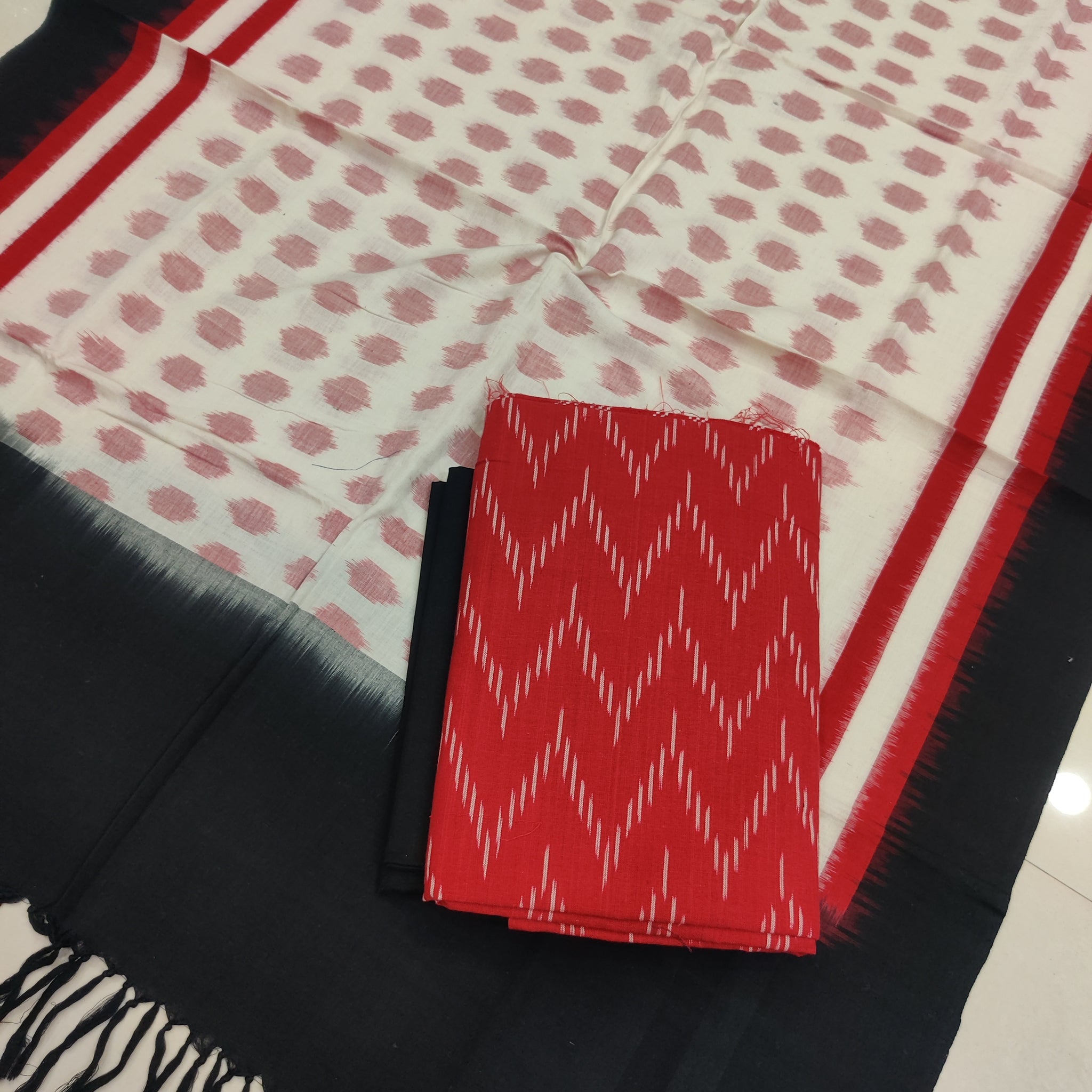 White - 3PC HANDLOOM POCHAMPALLY DOUBLE  IKAT DUPATTA COTTON DRESS MATERIAL 24
