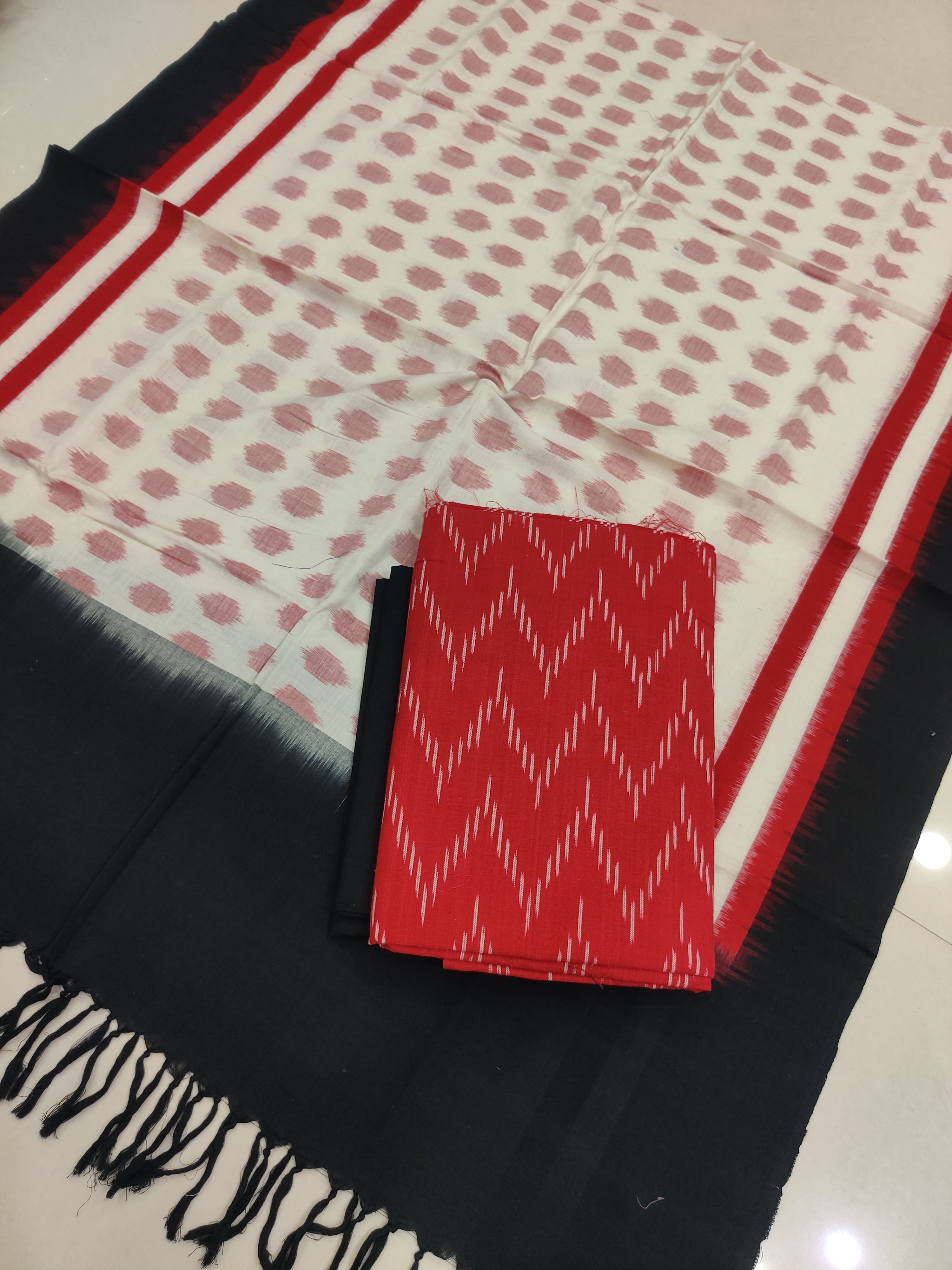 White - 3PC HANDLOOM POCHAMPALLY DOUBLE  IKAT DUPATTA COTTON DRESS MATERIAL 24