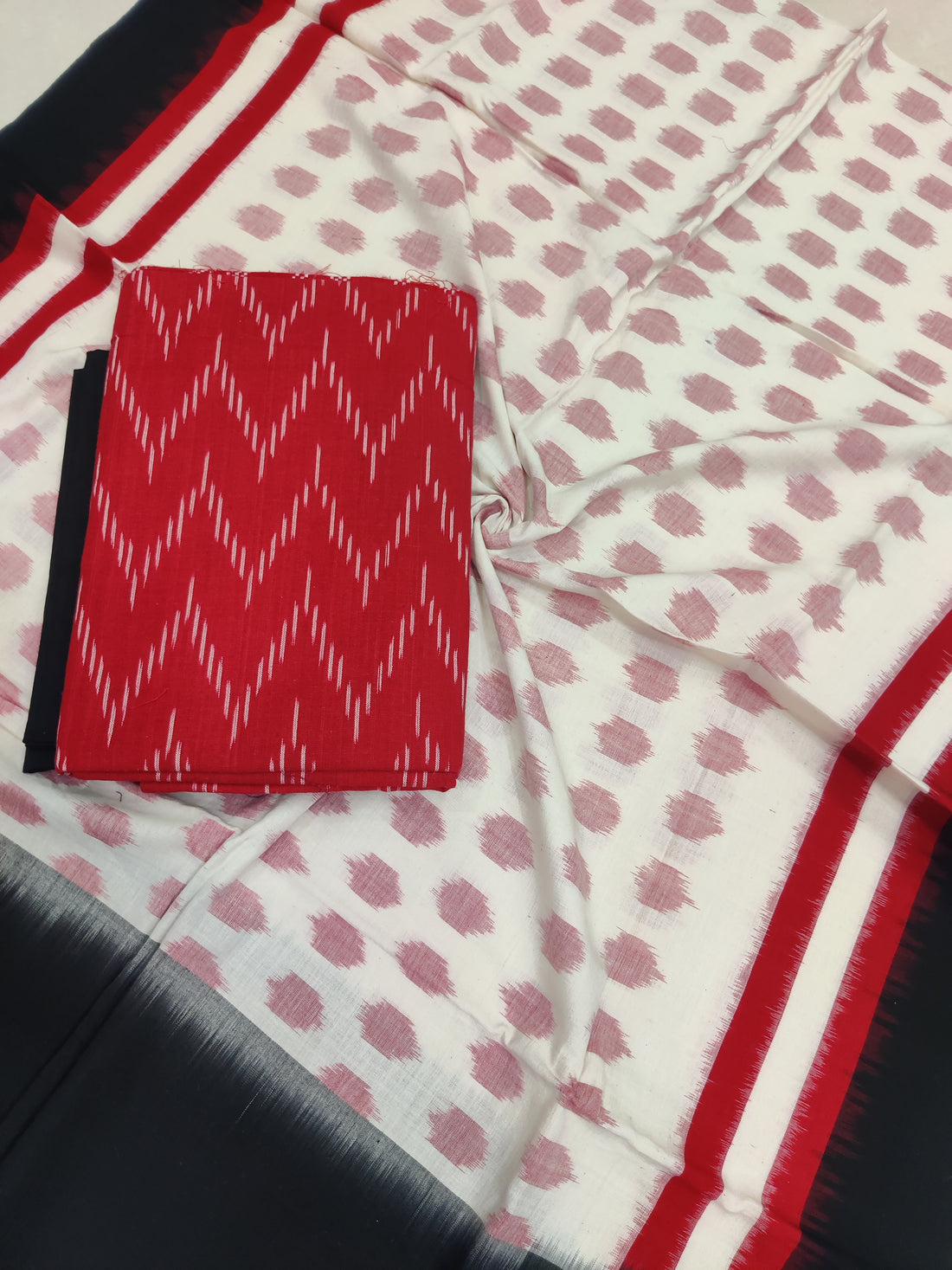 White - 3PC HANDLOOM POCHAMPALLY DOUBLE  IKAT DUPATTA COTTON DRESS MATERIAL 24