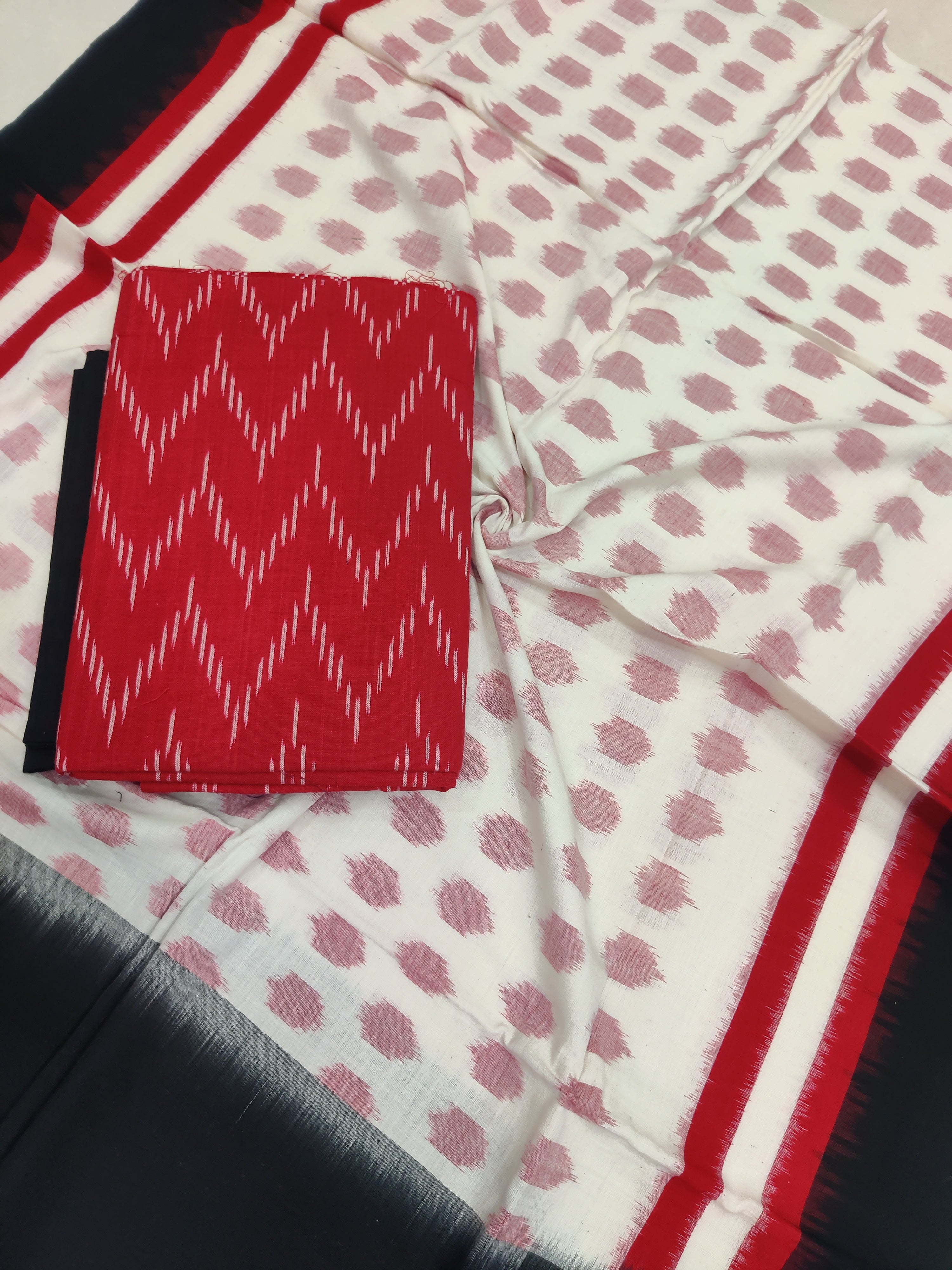 White - 3PC HANDLOOM POCHAMPALLY DOUBLE  IKAT DUPATTA COTTON DRESS MATERIAL 24