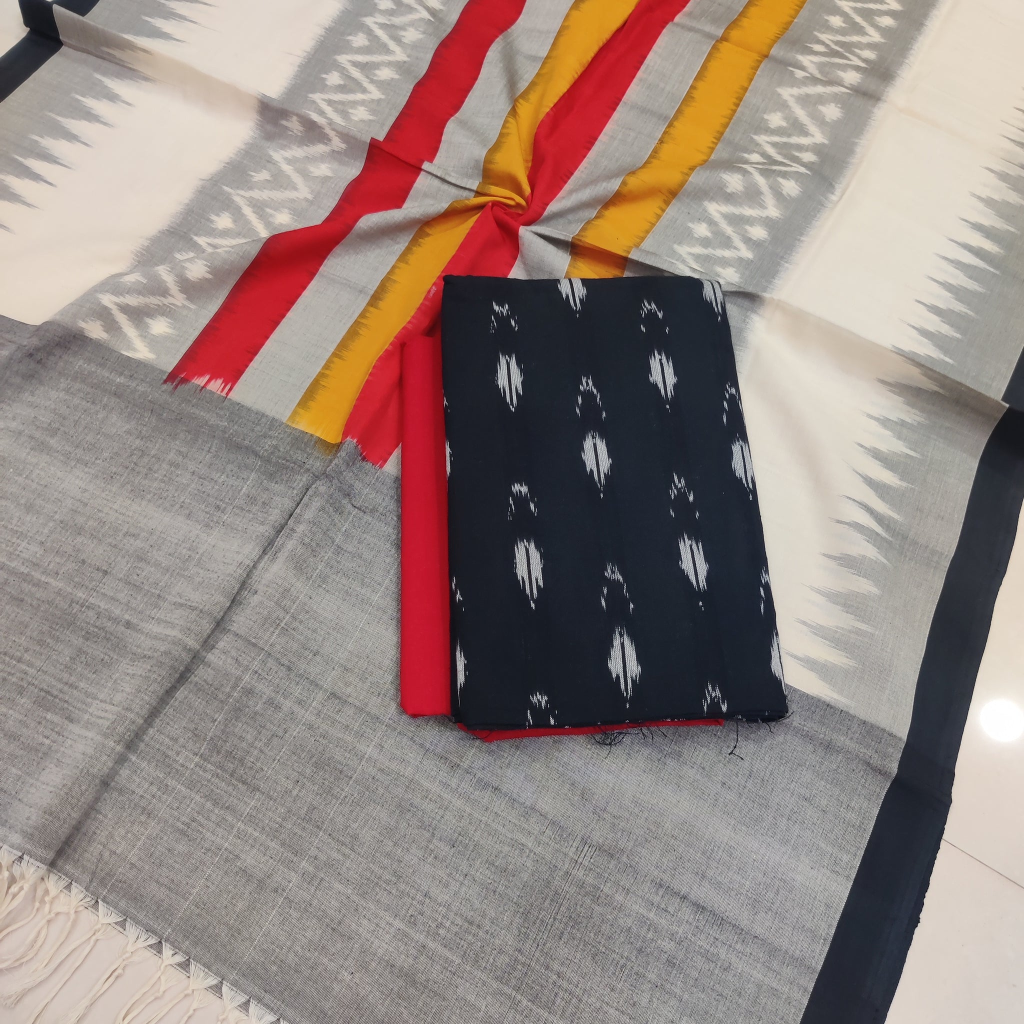Gray - 3PC HANDLOOM POCHAMPALLY DOUBLE  IKAT DUPATTA COTTON DRESS MATERIAL 26