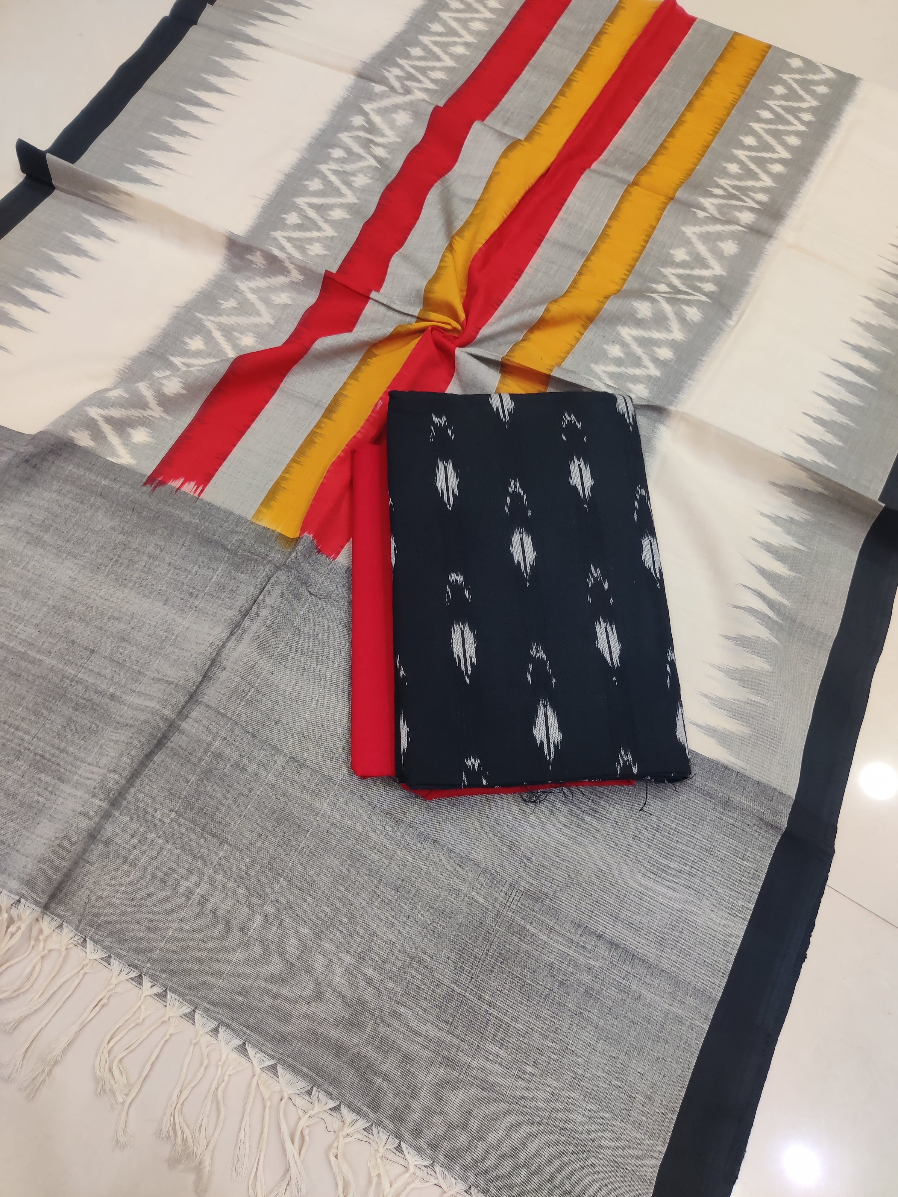 Gray - 3PC HANDLOOM POCHAMPALLY DOUBLE  IKAT DUPATTA COTTON DRESS MATERIAL 26