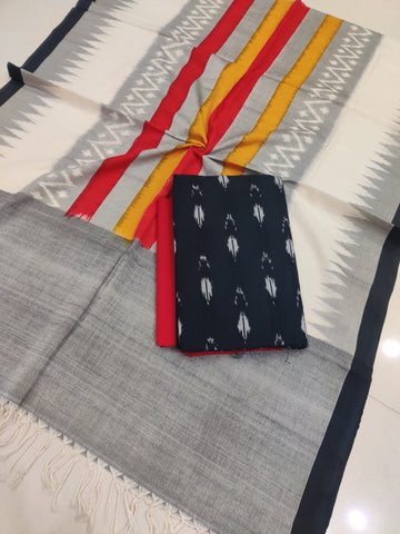 Gray - 3PC HANDLOOM POCHAMPALLY DOUBLE  IKAT DUPATTA COTTON DRESS MATERIAL 26