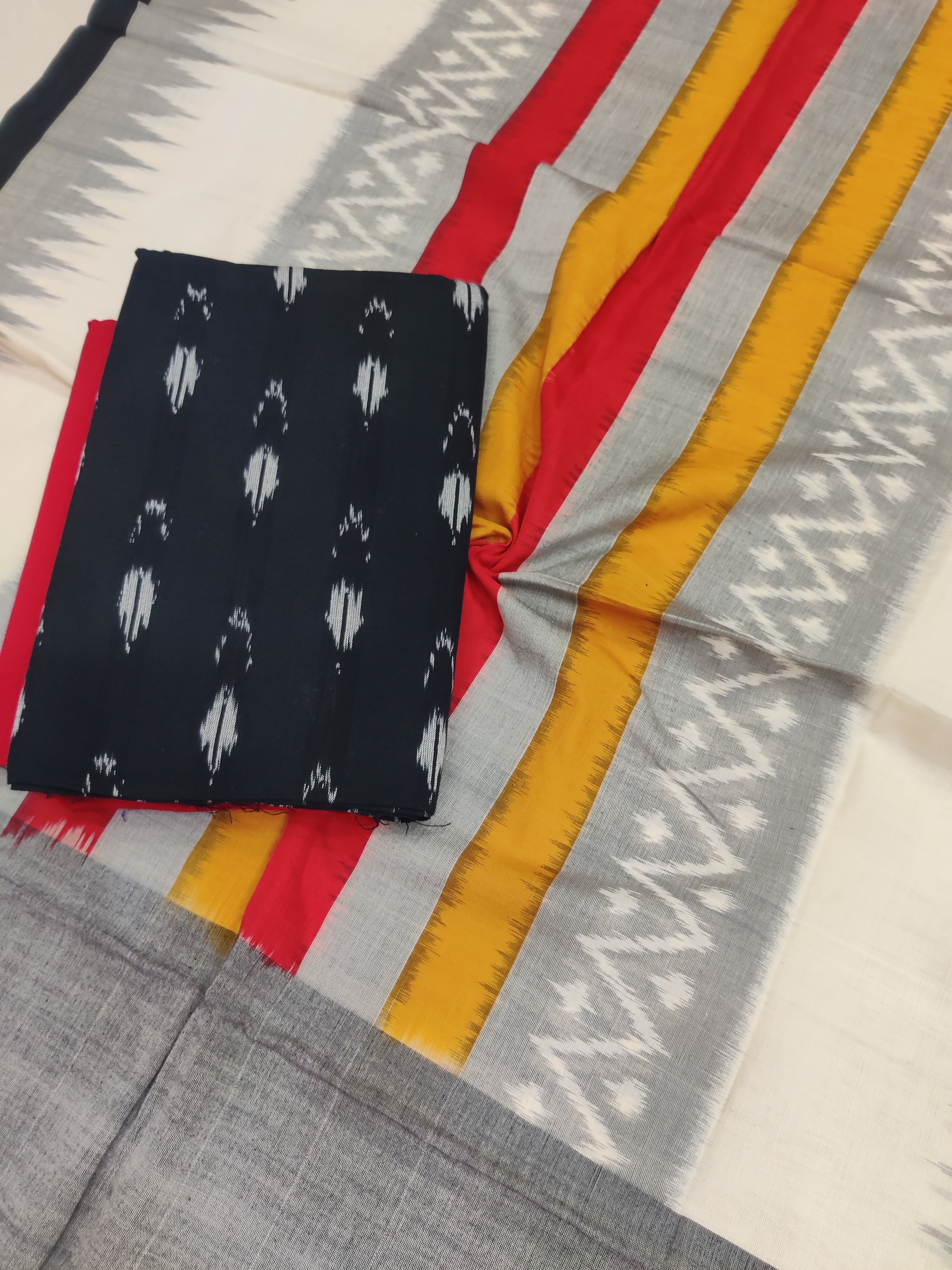 Gray - 3PC HANDLOOM POCHAMPALLY DOUBLE  IKAT DUPATTA COTTON DRESS MATERIAL 26