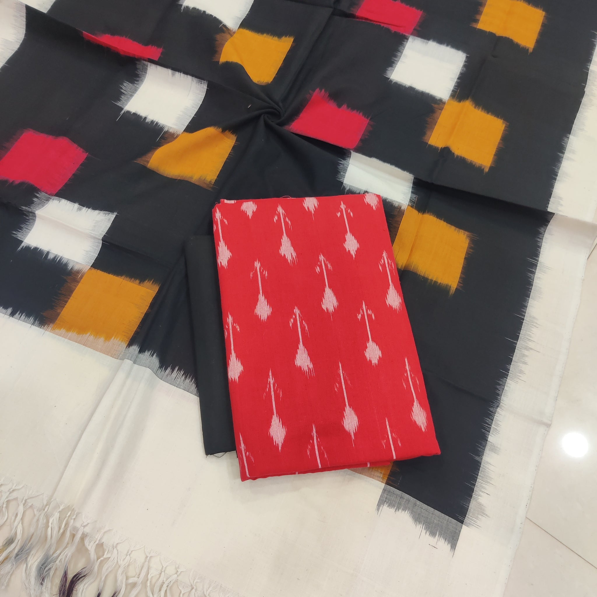 Black - 3PC HANDLOOM POCHAMPALLY DOUBLE  IKAT DUPATTA COTTON DRESS MATERIAL 27