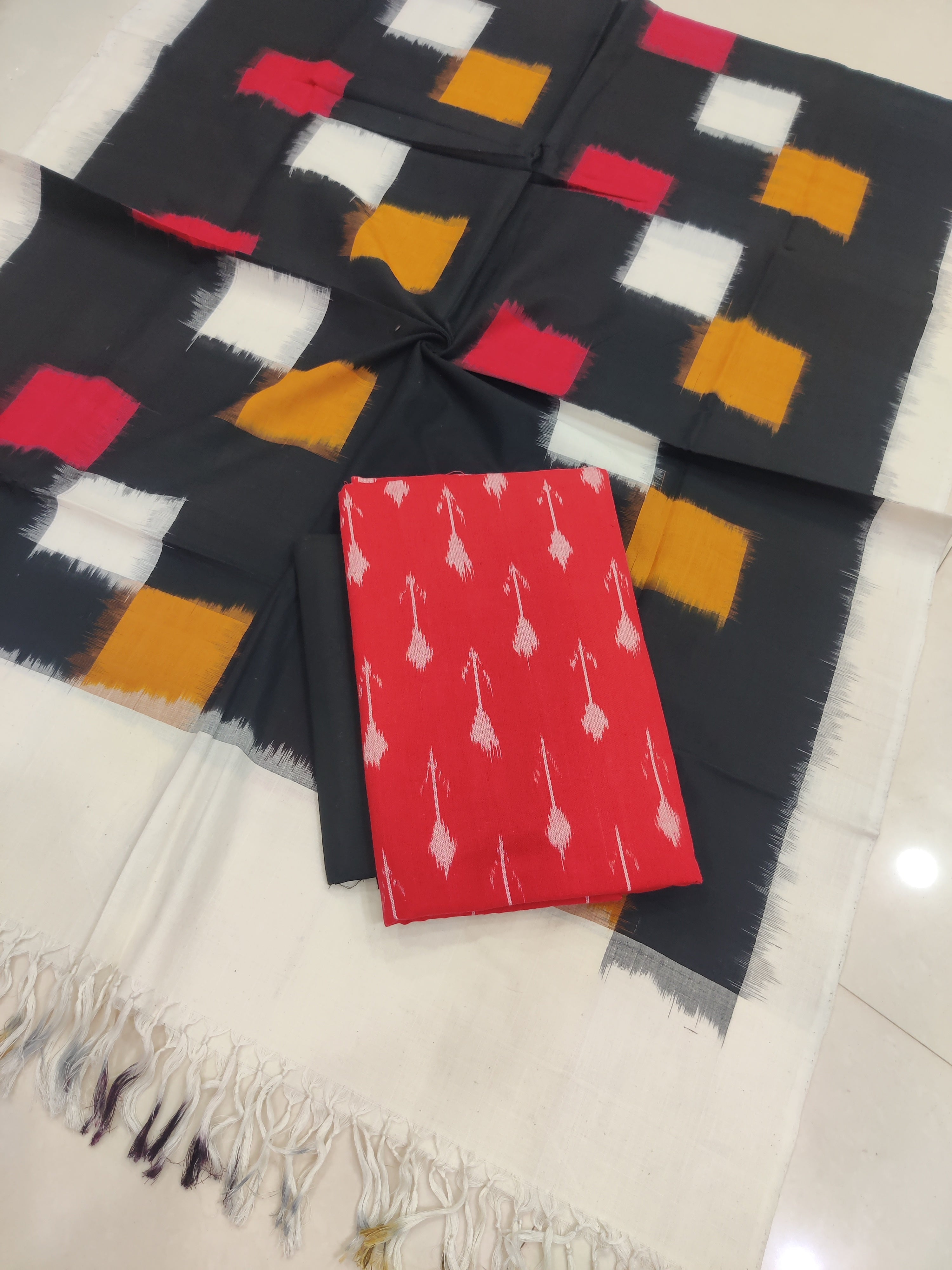 Black - 3PC HANDLOOM POCHAMPALLY DOUBLE  IKAT DUPATTA COTTON DRESS MATERIAL 27