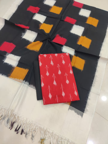 Black - 3PC HANDLOOM POCHAMPALLY DOUBLE  IKAT DUPATTA COTTON DRESS MATERIAL 27