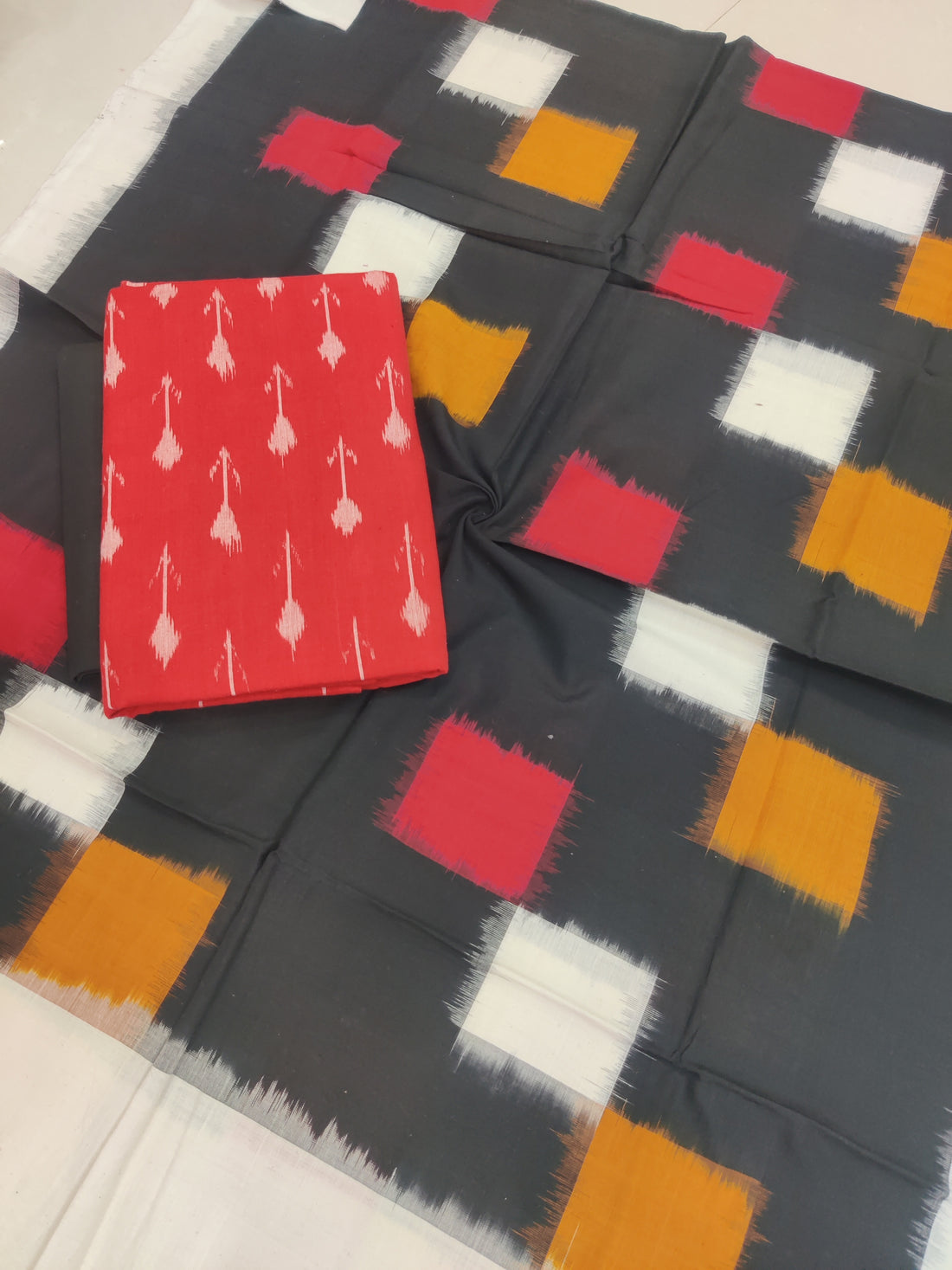 Black - 3PC HANDLOOM POCHAMPALLY DOUBLE  IKAT DUPATTA COTTON DRESS MATERIAL 27