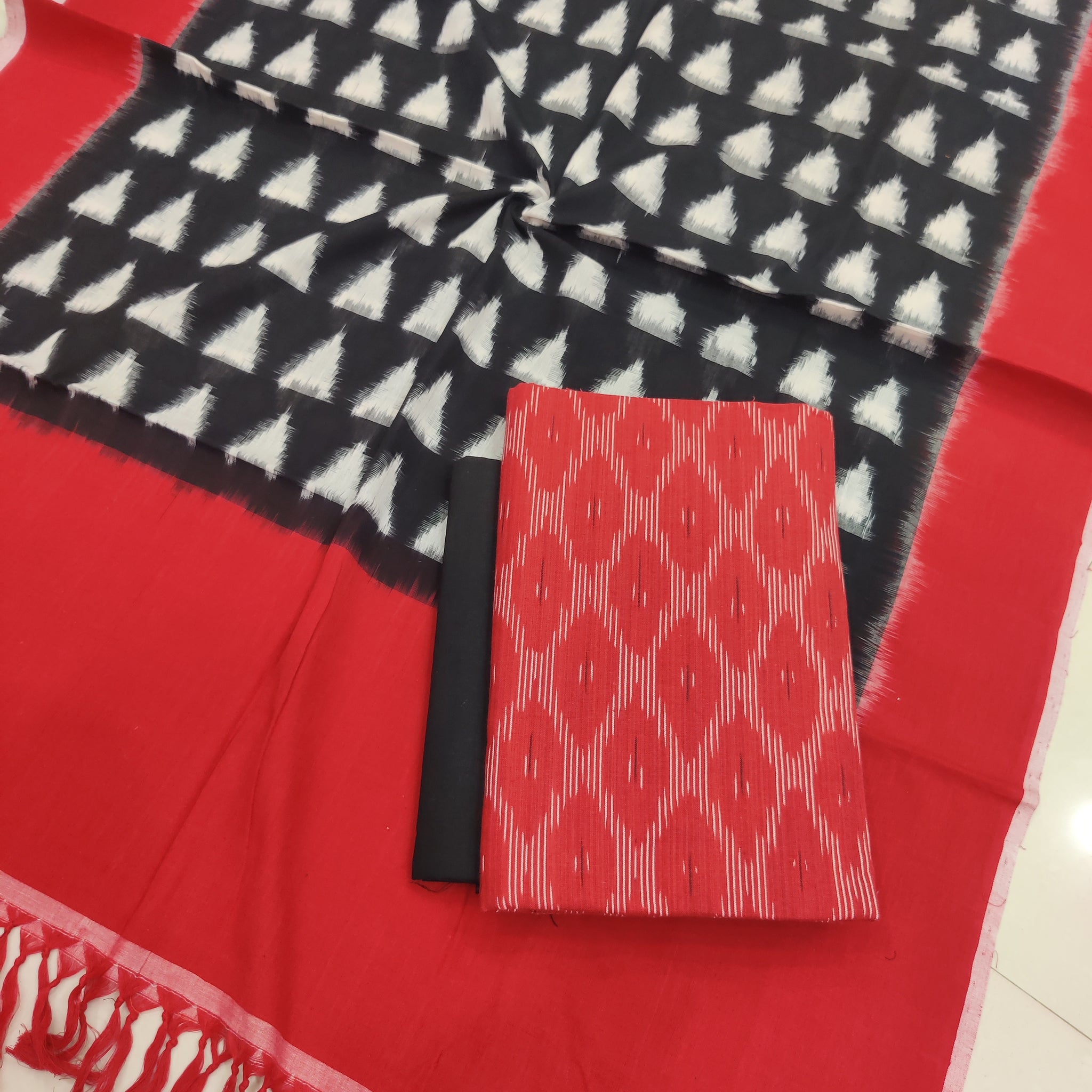 Red - 3PC HANDLOOM POCHAMPALLY DOUBLE  IKAT DUPATTA COTTON DRESS MATERIAL 16