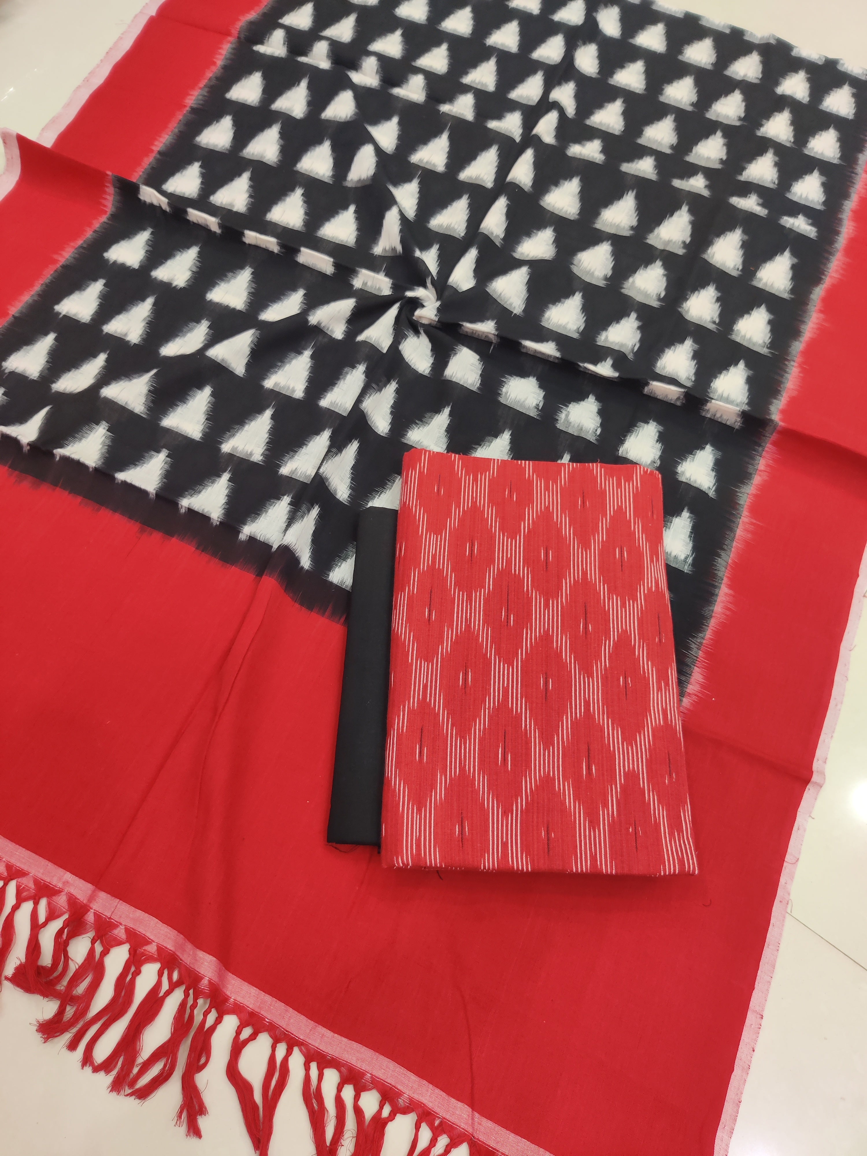 Red - 3PC HANDLOOM POCHAMPALLY DOUBLE  IKAT DUPATTA COTTON DRESS MATERIAL 16