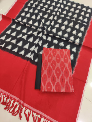 Red - 3PC HANDLOOM POCHAMPALLY DOUBLE  IKAT DUPATTA COTTON DRESS MATERIAL 16