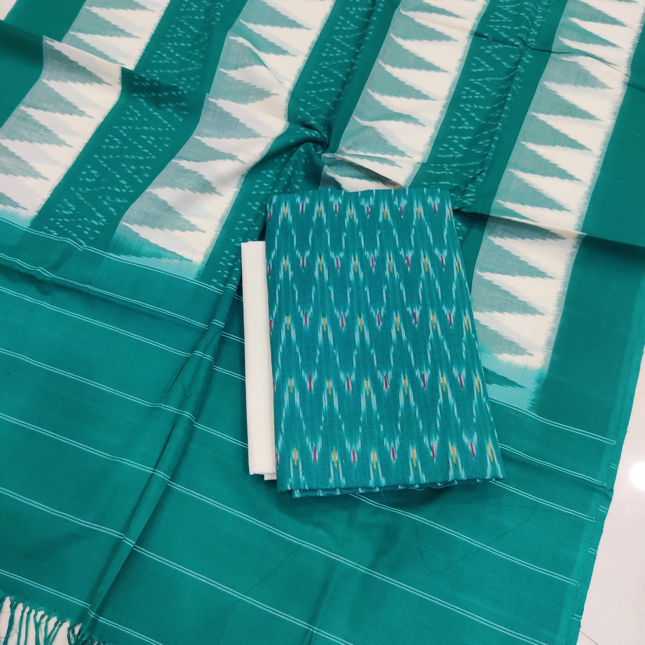 Green - 3PC HANDLOOM POCHAMPALLY DOUBLE  IKAT DUPATTA COTTON DRESS MATERIAL 17