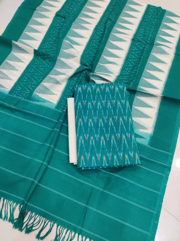 Green - 3PC HANDLOOM POCHAMPALLY DOUBLE  IKAT DUPATTA COTTON DRESS MATERIAL 17