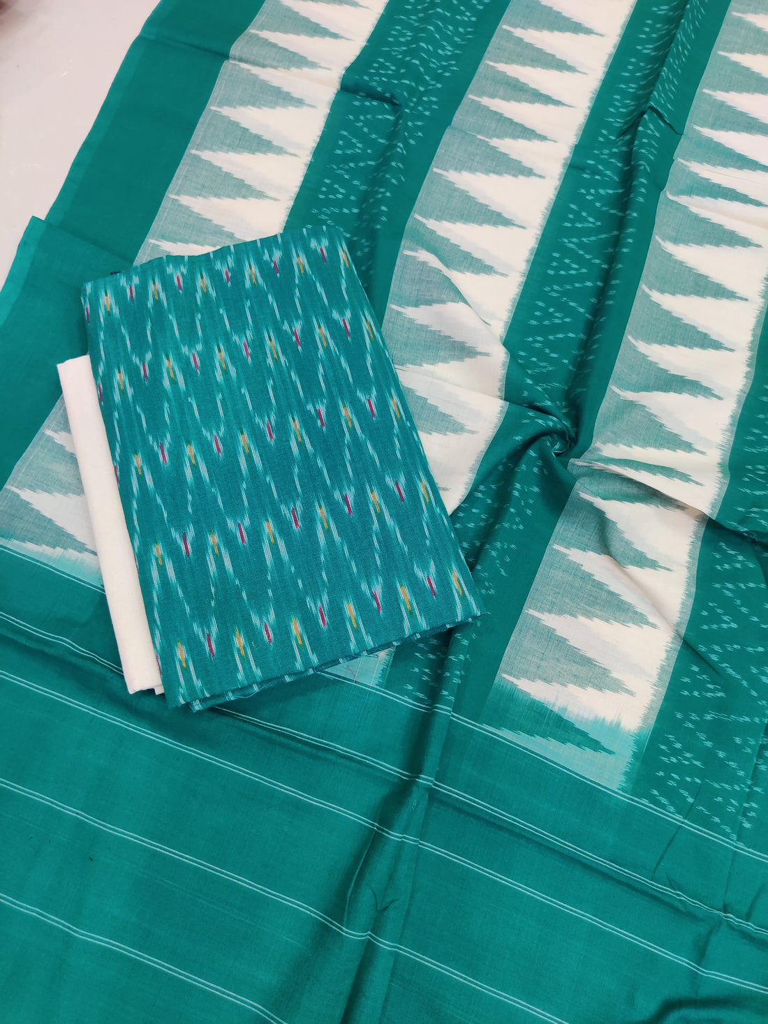 Green - 3PC HANDLOOM POCHAMPALLY DOUBLE  IKAT DUPATTA COTTON DRESS MATERIAL 17